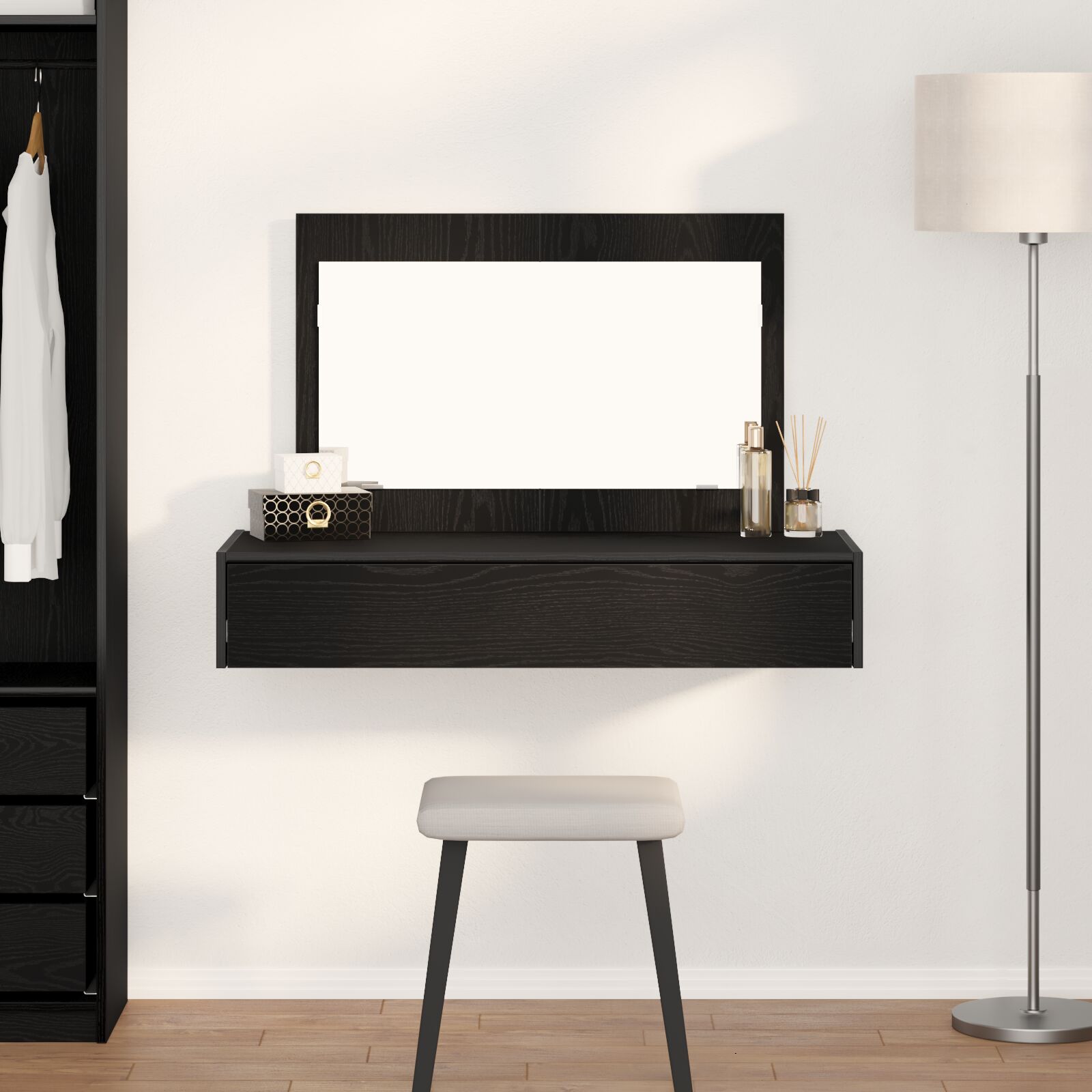 vidaXL Wand-Schminktisch in Schwarz mit Eiche 100x40x70 cm
