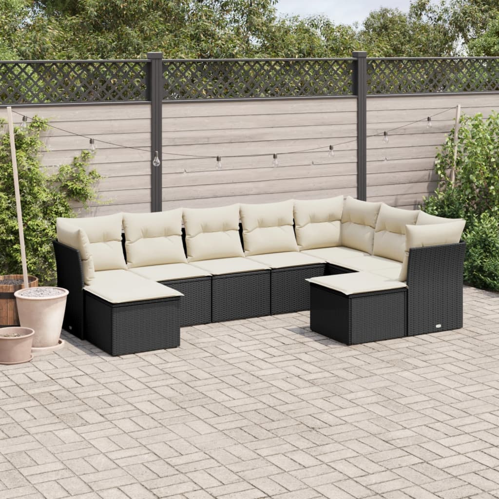 9-tlg. Garten-Sofagarnitur mit Kissen Schwarz Poly Rattan 9-tlg. Garten-Sofagarnitur mit Kissen Schwarz Poly Rattan