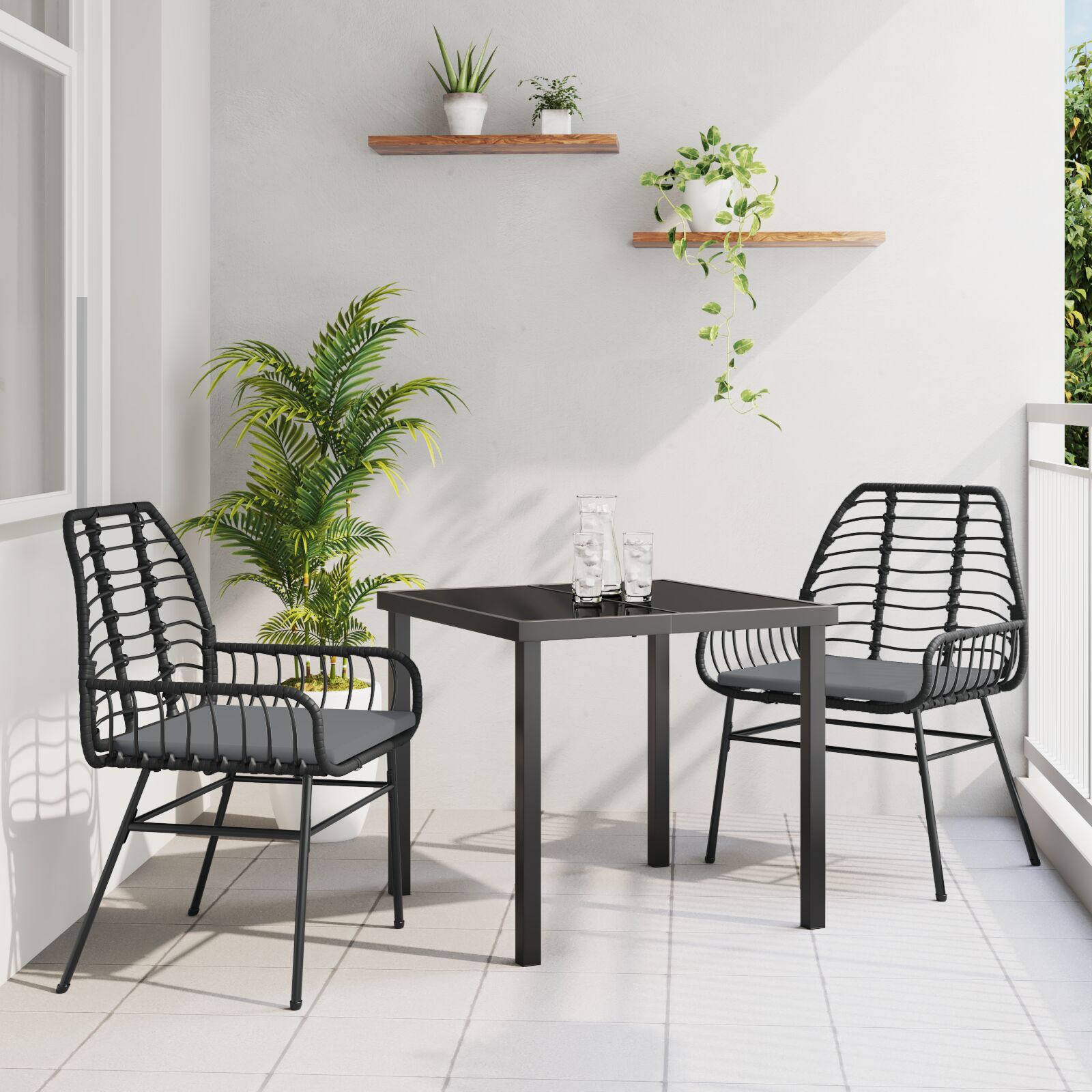 3-teiliges Garten-Essset mit Kissen Schwarz Poly Rattan