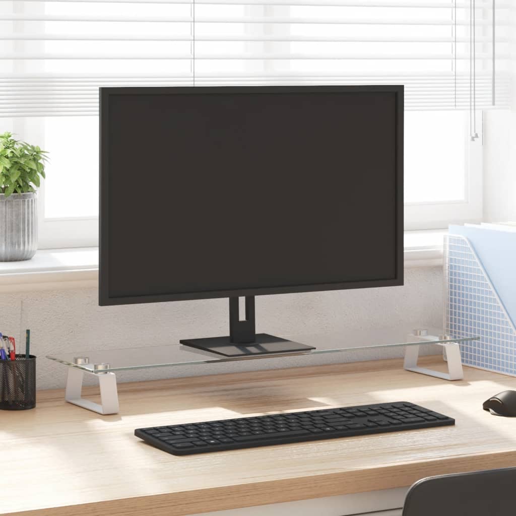 Monitorständer Weiß 80x20x8 cm Hartglas und Metall Monitorständer Weiß 80x20x8 cm Hartglas und Metall