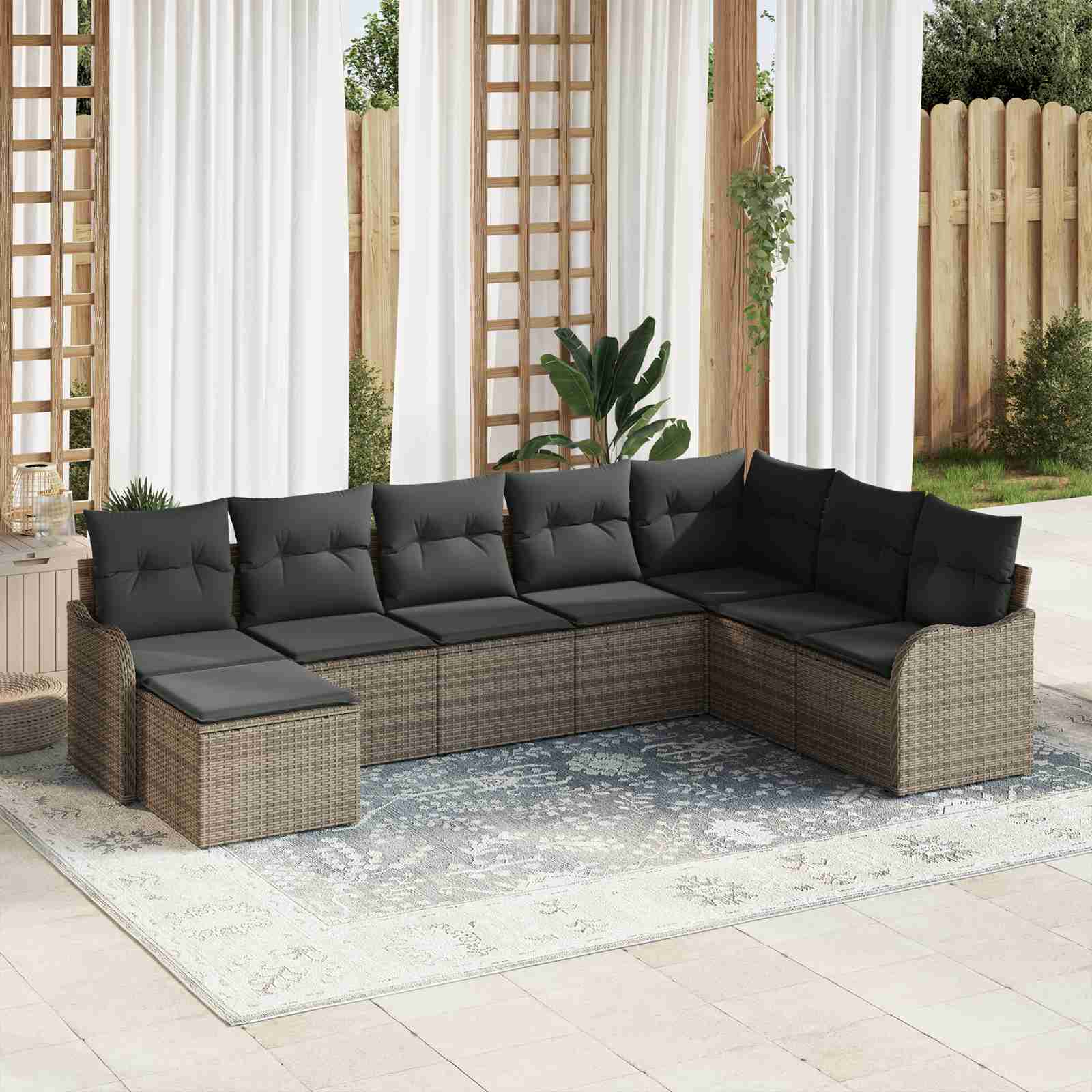 8-teiliges Garten Sofa Set mit Kissen Grau Poly Rattan