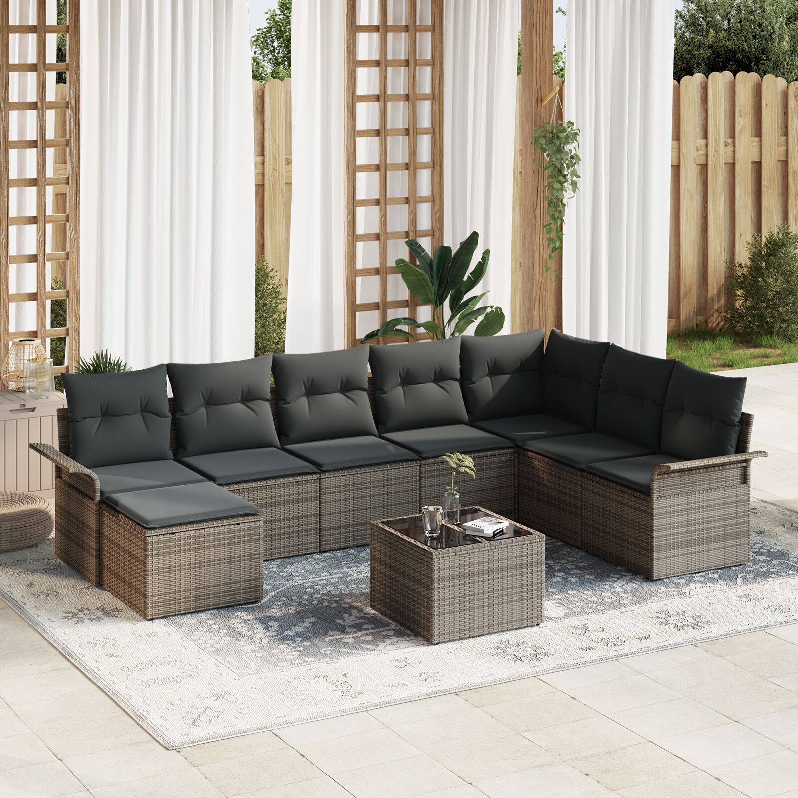 8-teiliges Garten-Sofa-Set mit Kissen Grau Poly Rattan 8-teiliges Garten-Sofa-Set mit Kissen Grau Poly Rattan