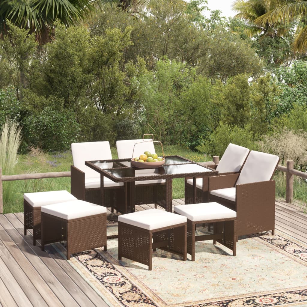 9-tlg. Garten-Essgruppe mit Kissen Poly Rattan Braun 9-tlg. Garten-Essgruppe mit Kissen Poly Rattan Braun