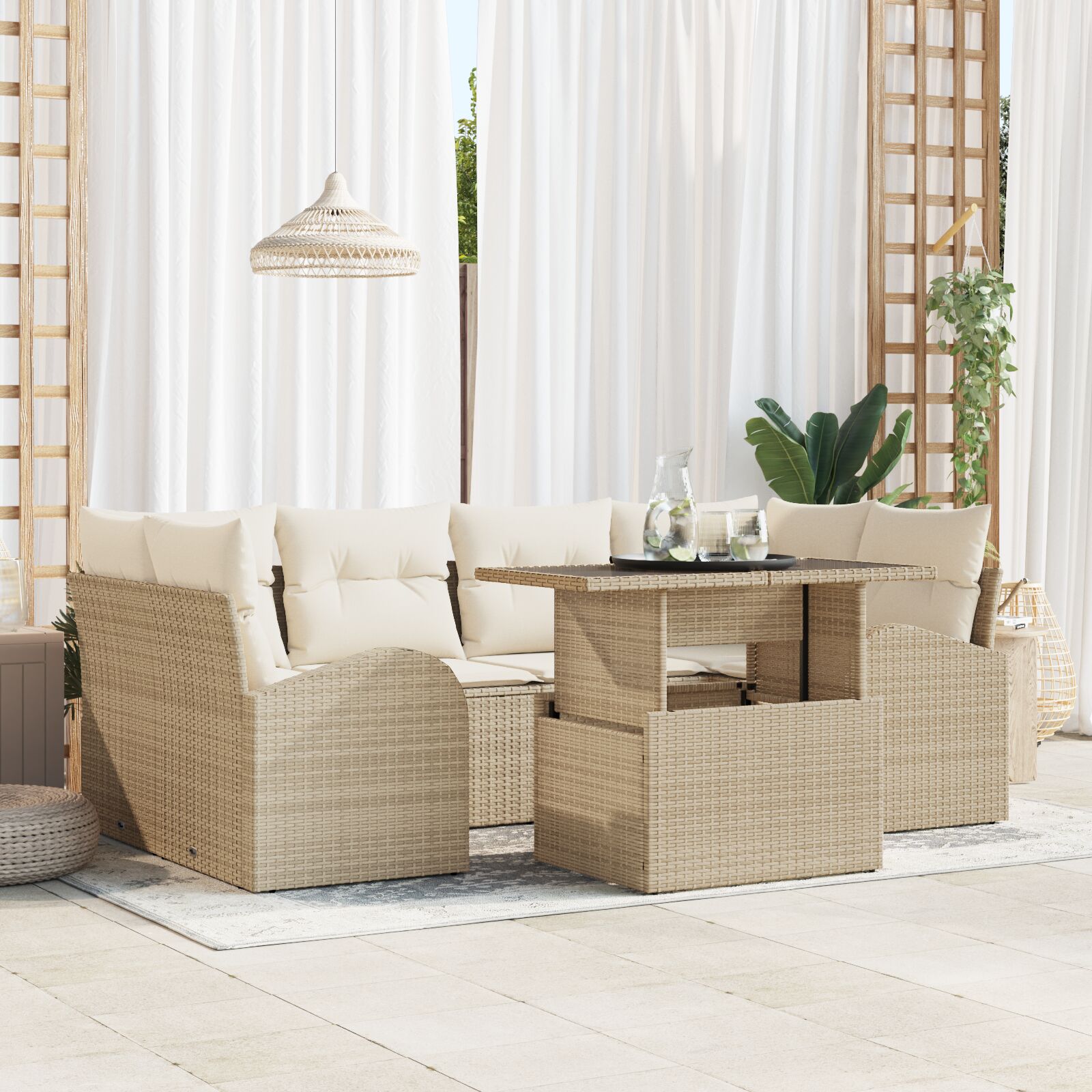 7-teiliges Garten Sofa Set mit Kissen Beige Poly Rattan 7-teiliges Garten Sofa Set mit Kissen Beige Poly Rattan