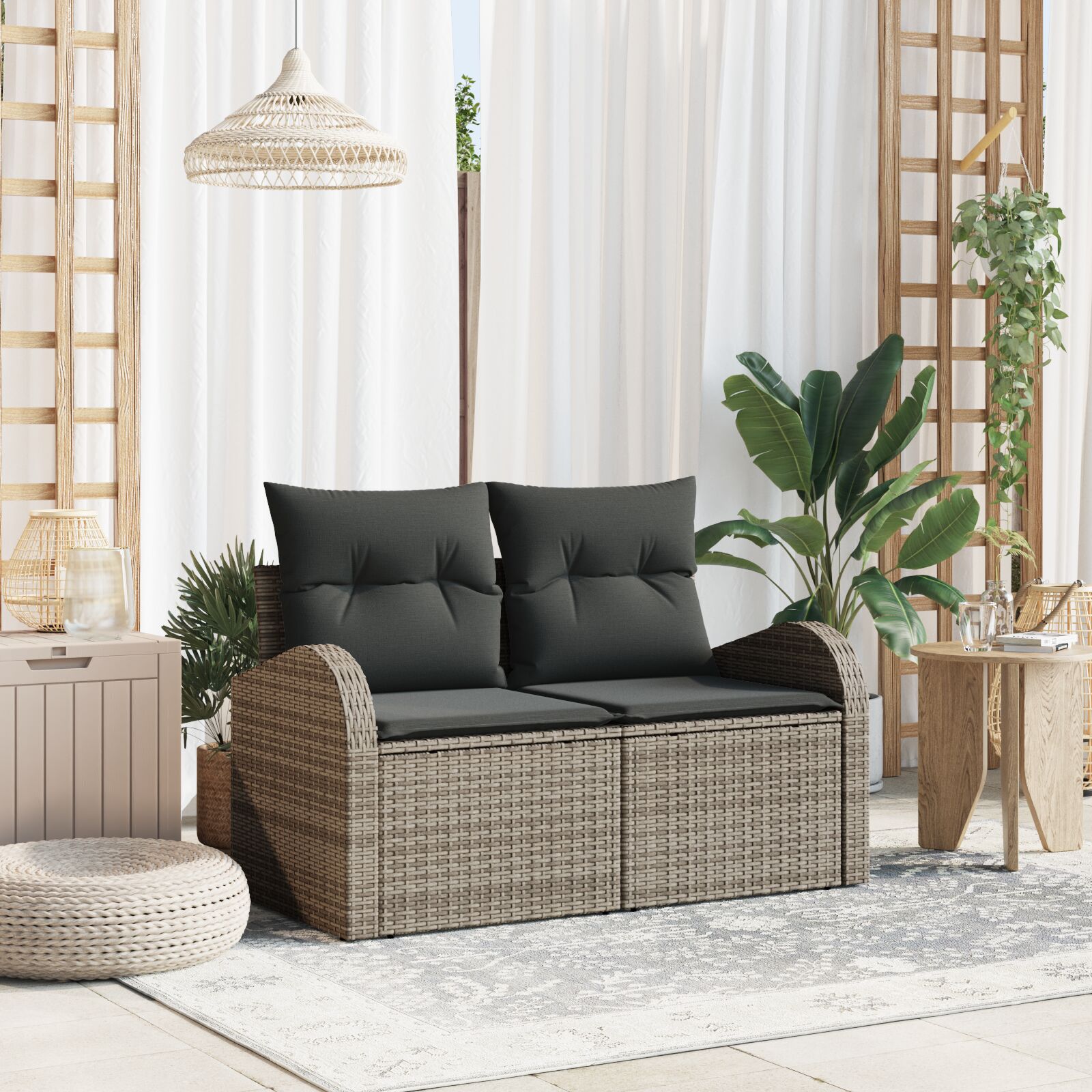 2-Sitzer Garten-Sofa mit Kissen Grau Poly-Rattan