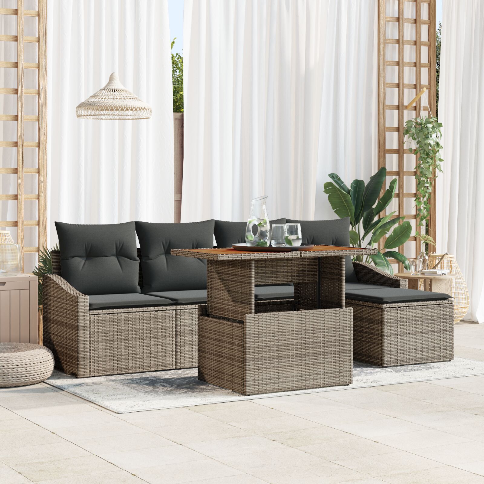 6-teiliges Garten Esszimmer Set mit Kissen Grau Poly Rattan Akazie 6-teiliges Garten Esszimmer Set mit Kissen Grau Poly Rattan Akazie