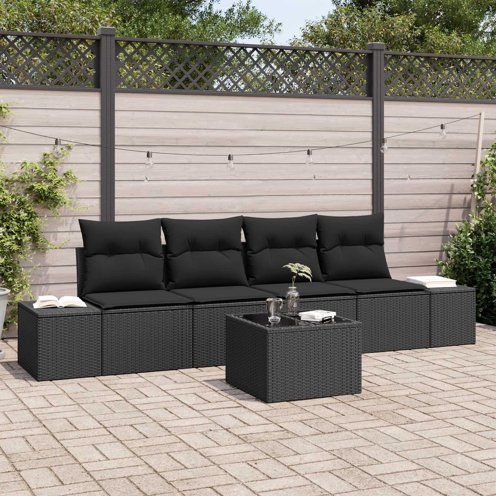 5-teiliges Garten-Sofa-Set mit Kissen Schwarz Poly-Rattan