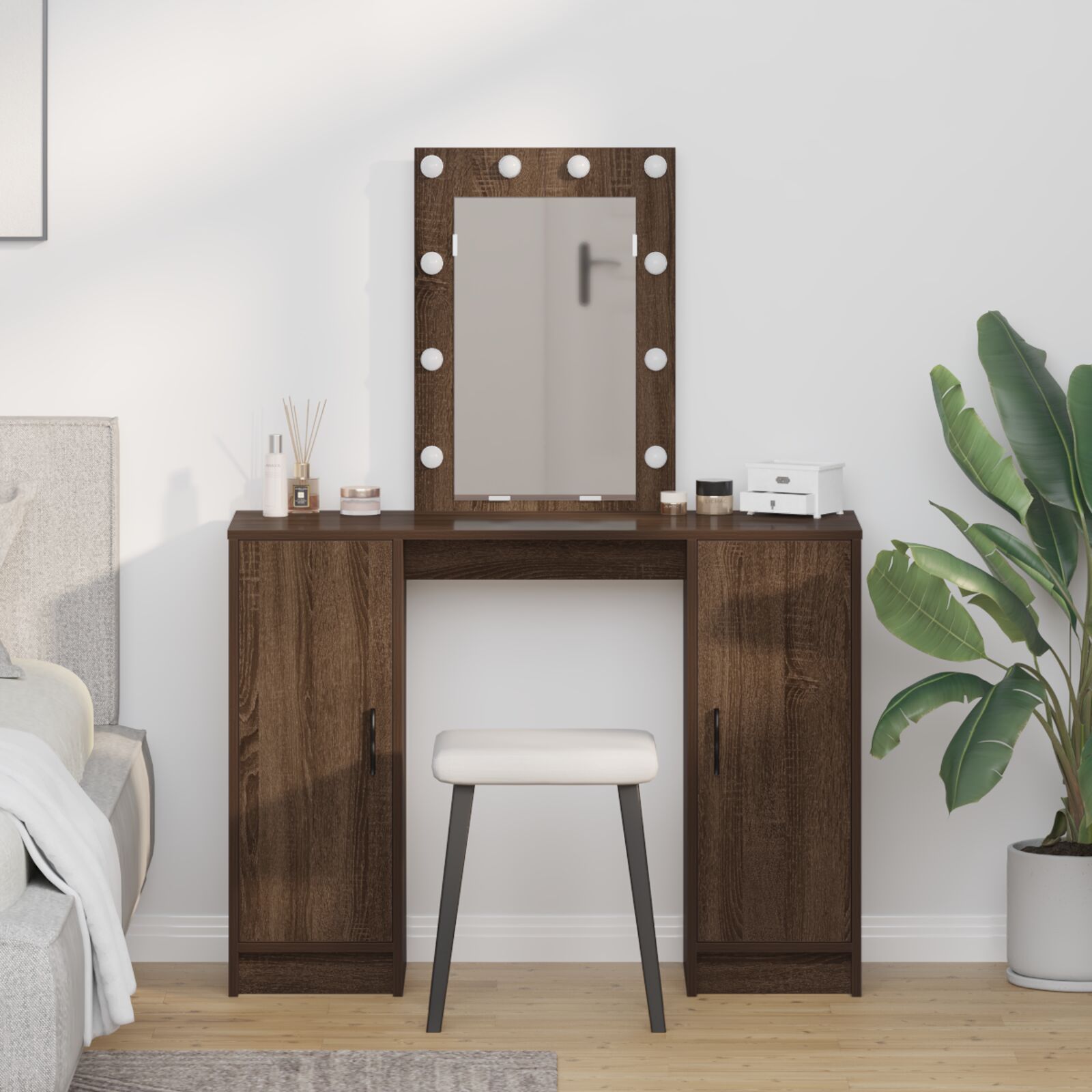vidaXL Schminktisch mit LED-Lichtern Braun Eiche 102x33x135 cm