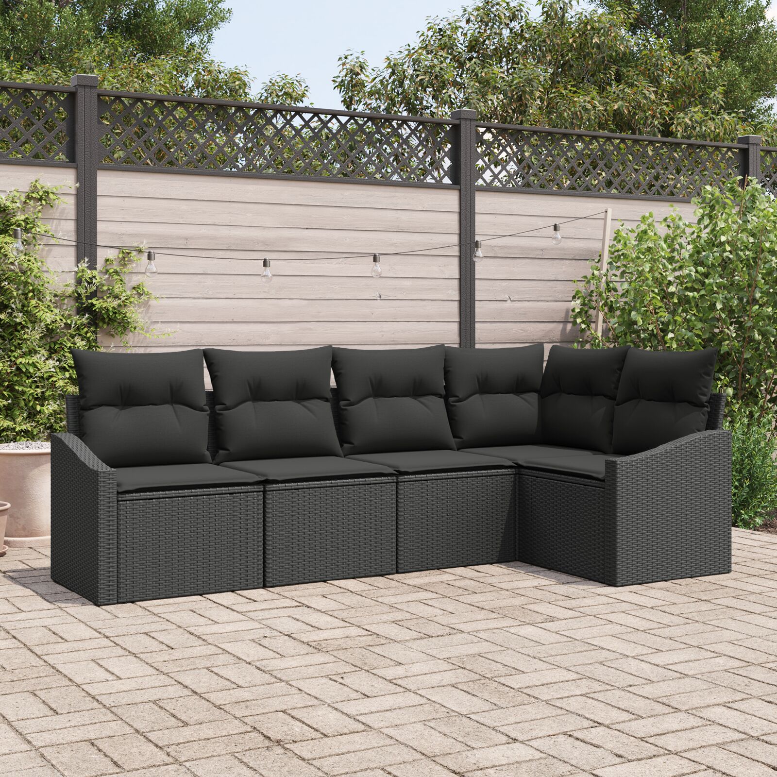 5-teiliges Garten Sofa Set mit Kissen Schwarz Poly-Rattan 5-teiliges Garten Sofa Set mit Kissen Schwarz Poly-Rattan