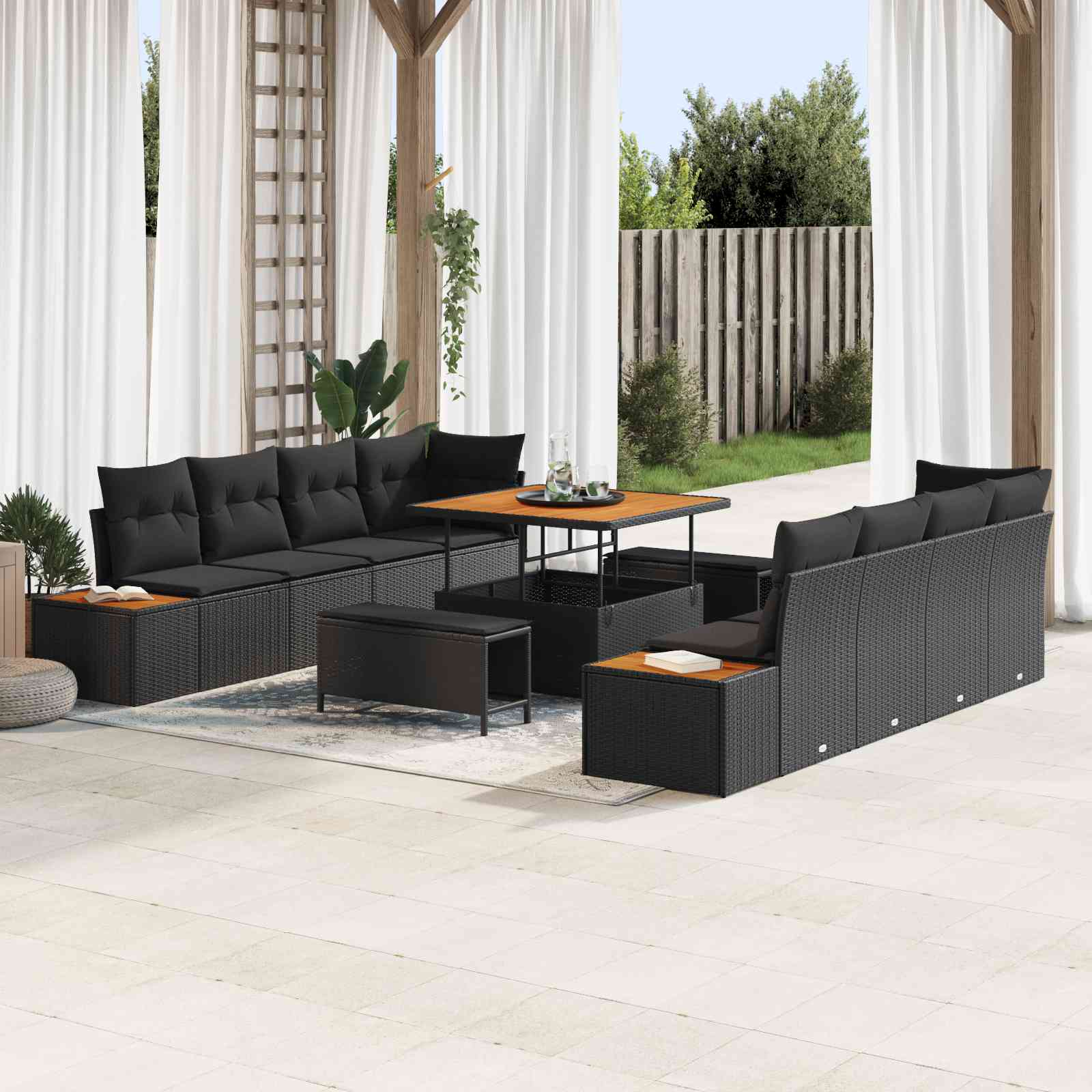11-teiliges Garten Sofa Set mit Kissen Schwarz Poly Rattan Akazie