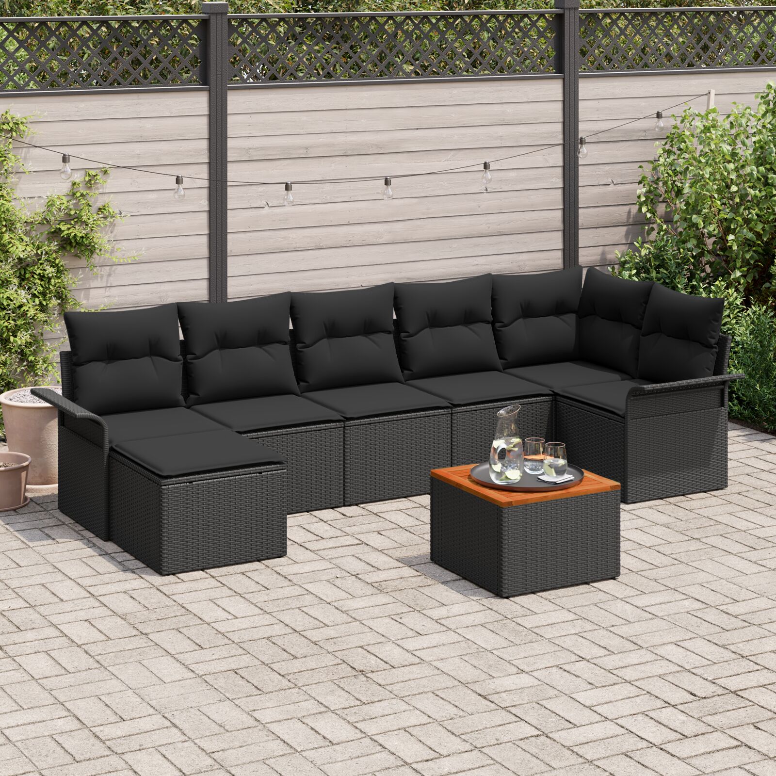 8-teiliges Garten-Sofaset mit Kissen Schwarz Poly-Rattan Akazie 8-teiliges Garten-Sofaset mit Kissen Schwarz Poly-Rattan Akazie