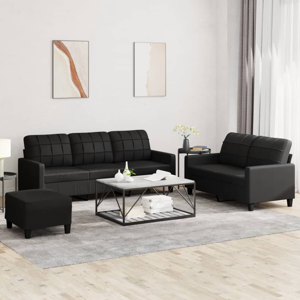 3-tlg. Sofagarnitur mit Kissen Schwarz Kunstleder 3-tlg. Sofagarnitur mit Kissen Schwarz Kunstleder