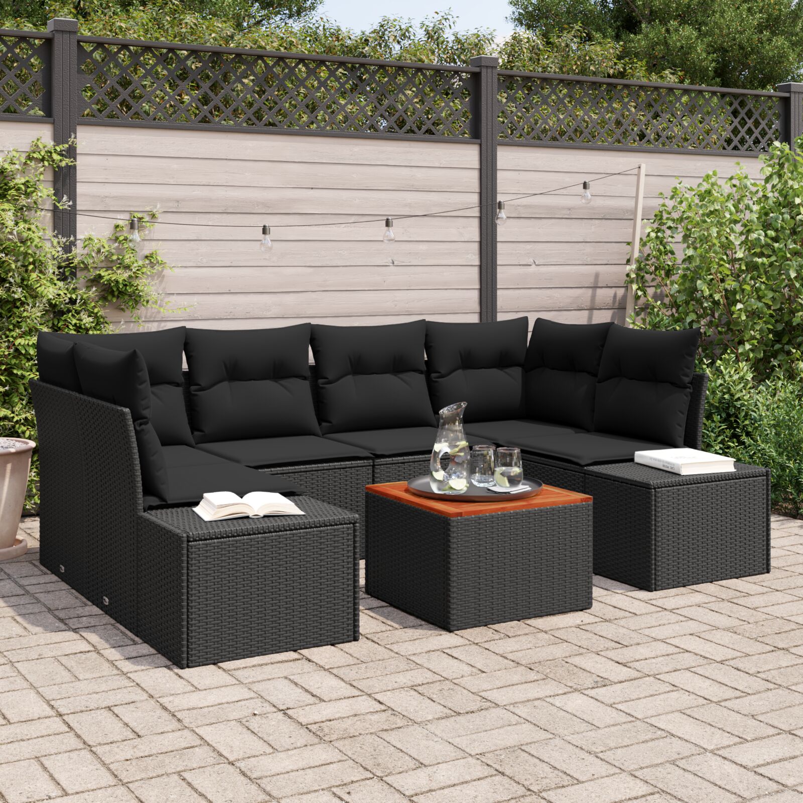 7-teiliges Garten Sofa Set mit Kissen Schwarz Poly Rattan Akazie