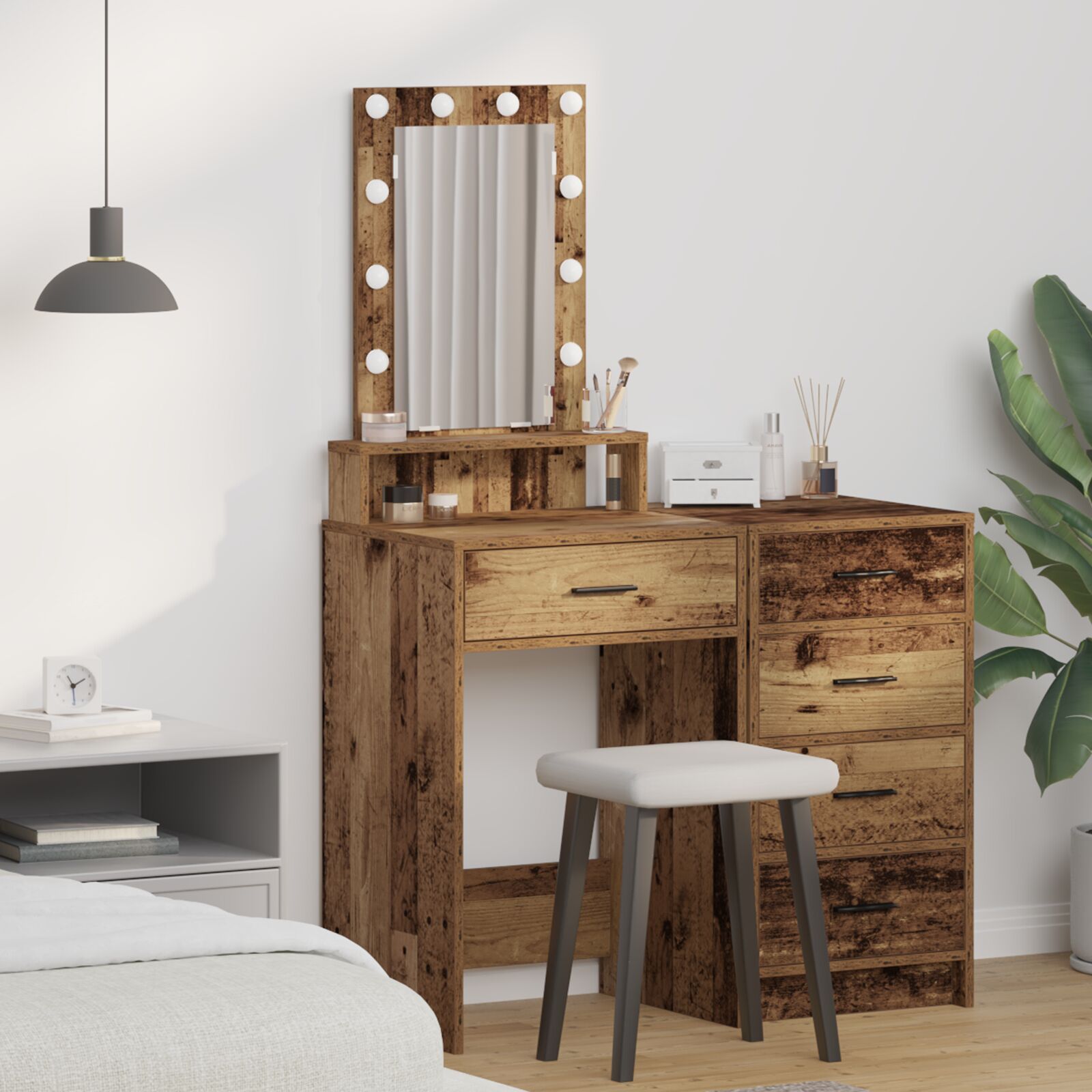 vidaXL Schminktisch mit LED-Lichtern Altes Holz 50x41x140 cm
