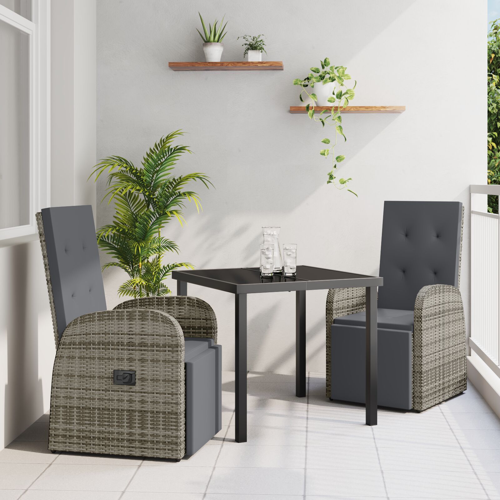 3-teiliges Garten-Ess-Set Grau mit Kissen aus Poly Rattan 3-teiliges Garten-Ess-Set Grau mit Kissen aus Poly Rattan