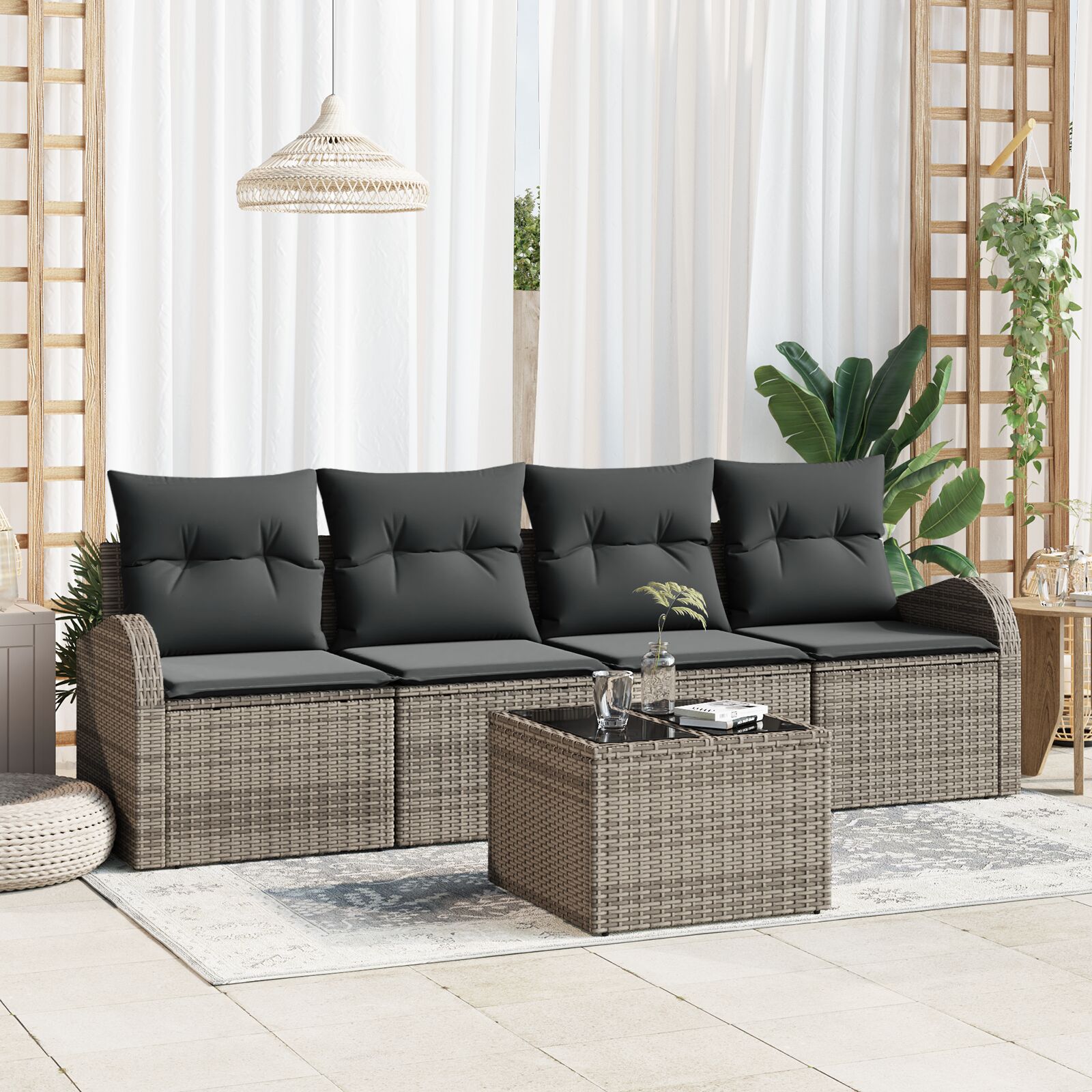 5-teiliges Garten Sofa Set mit Kissen Grau Poly Rattan 5-teiliges Garten Sofa Set mit Kissen Grau Poly Rattan