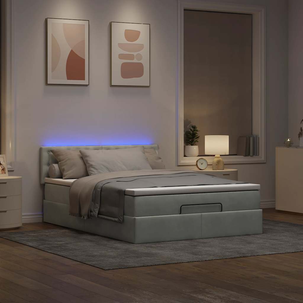 Ottoman-Bett mit Matratze & LEDs Hellgrau 140x200 cm Samt