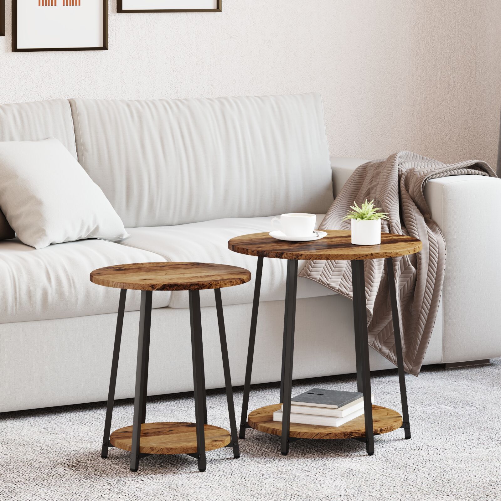 vidaXL Beistelltisch 2er Set aus altem Holz, Holzwerkstoff und Metall