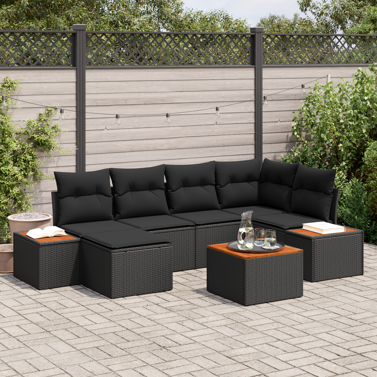 7-teiliges Garten Sofa Set mit Kissen Schwarz Poly Rattan Akazie 7-teiliges Garten Sofa Set mit Kissen Schwarz Poly Rattan Akazie