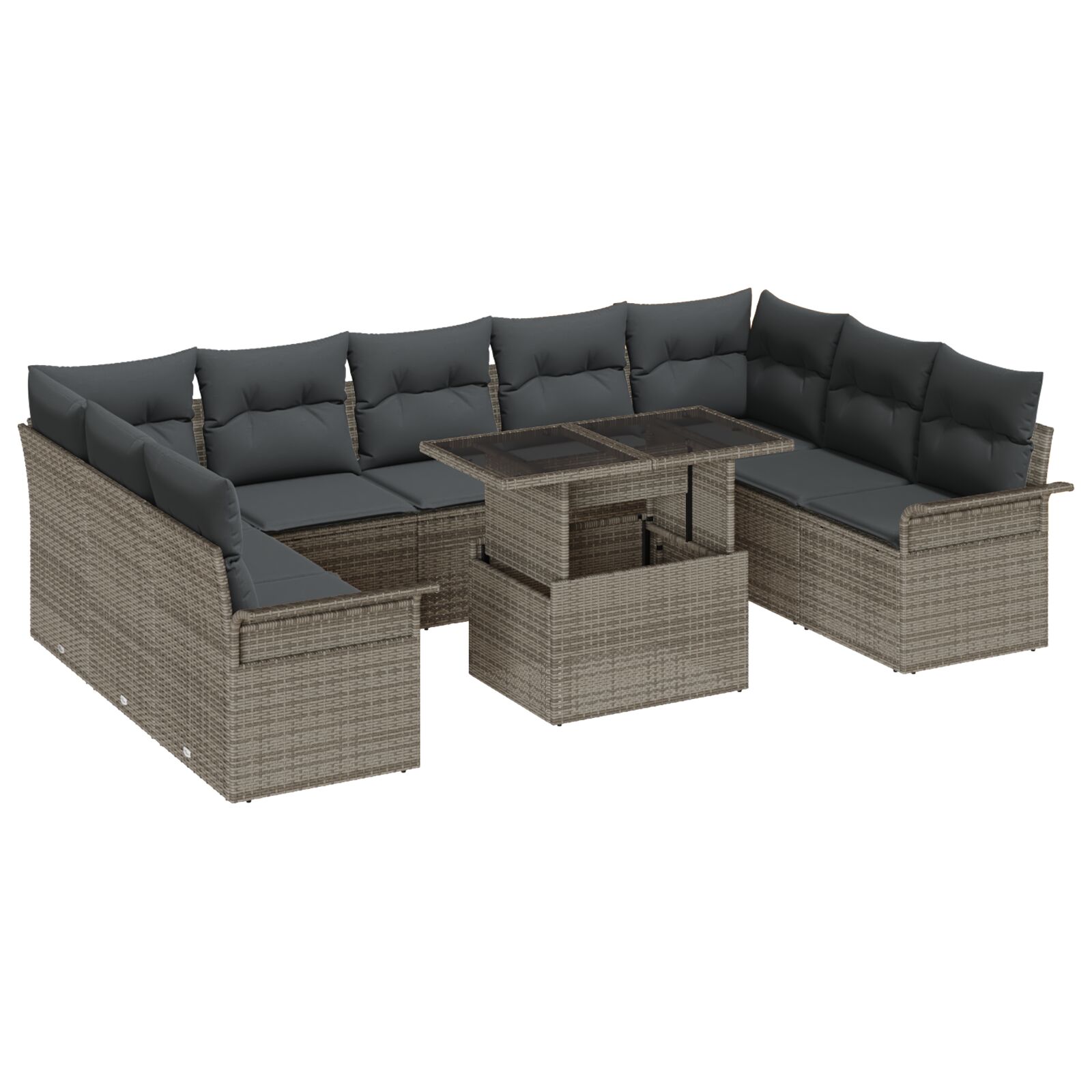 10-teiliges Garten Sofa Set mit Kissen Grau Poly Rattan, 2-Sitzer Garten Sofa mit Stauraum und Kissen Grau Poly Rattan