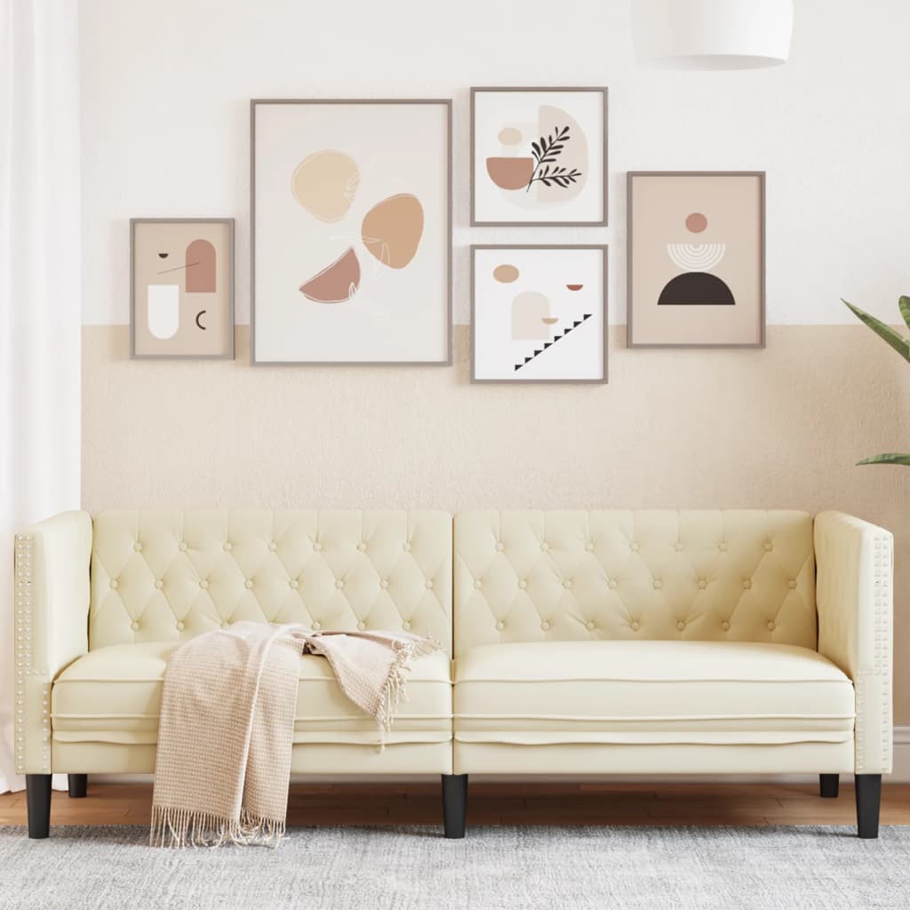 Chesterfield-Sofa 3-Sitzer Creme Kunstleder Chesterfield-Sofa 3-Sitzer Creme Kunstleder