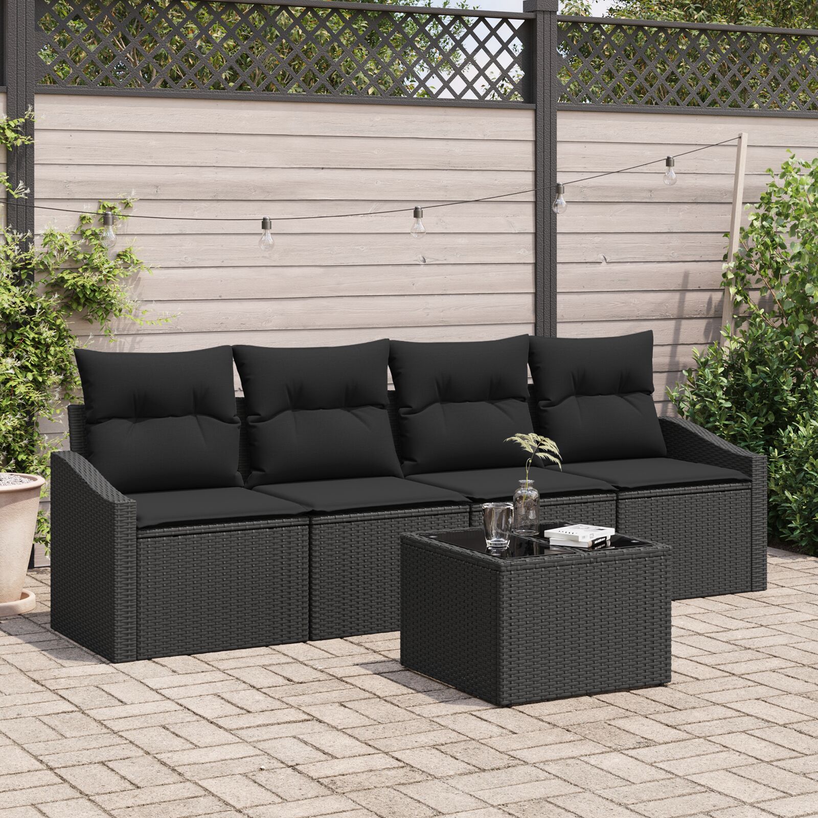5-teiliges Garten-Sofa-Set mit Kissen Schwarz Poly-Rattan 5-teiliges Garten-Sofa-Set mit Kissen Schwarz Poly-Rattan
