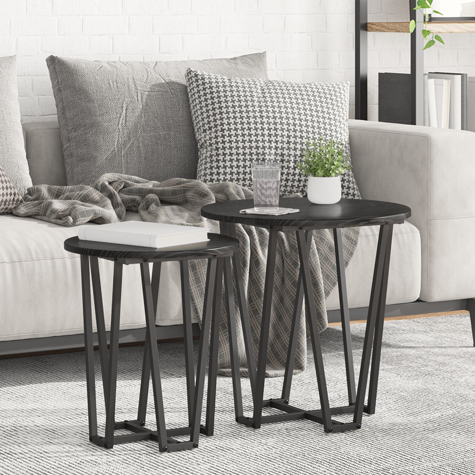Beistelltischset aus 2 - Schwarze Eiche MDF und Metall