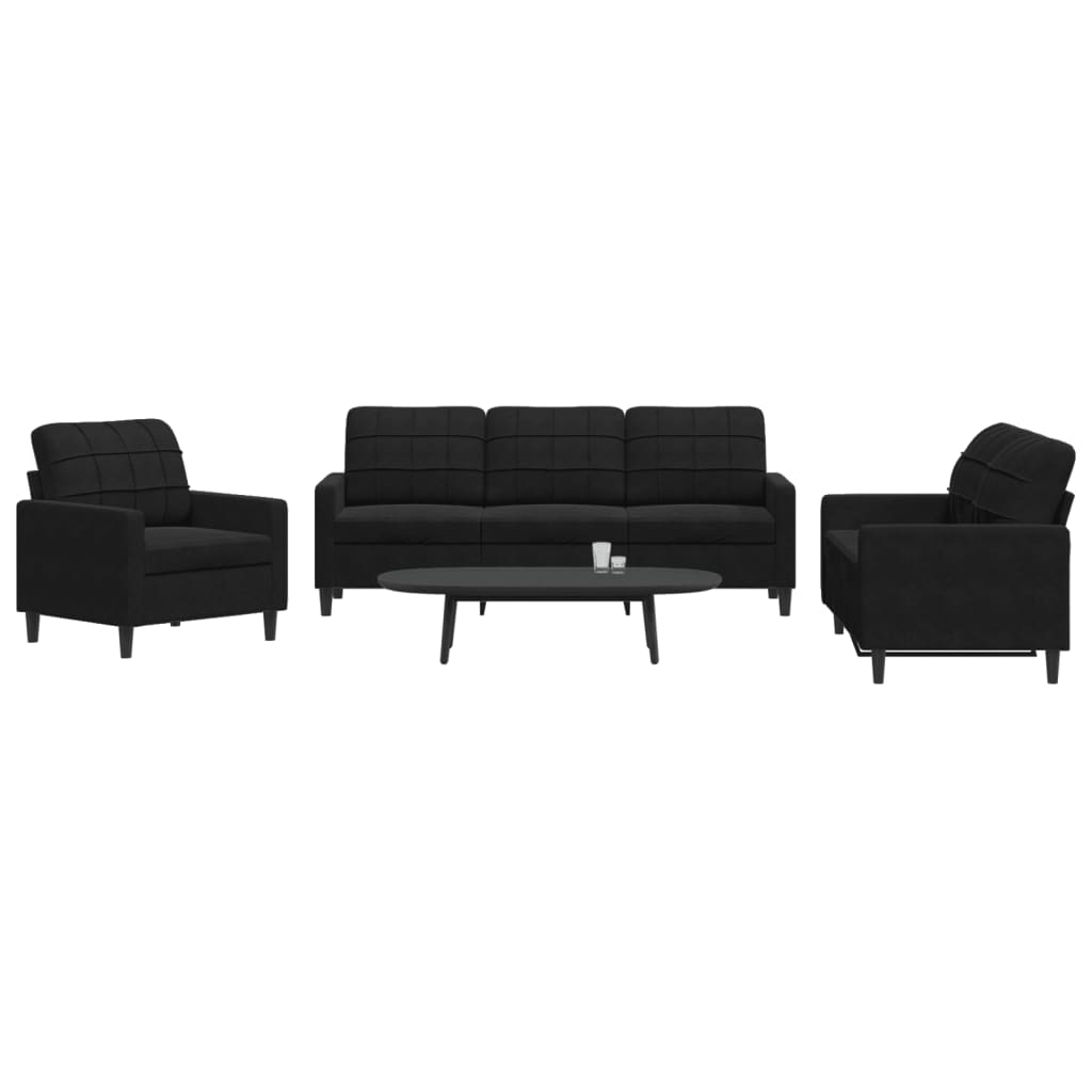 3-tlg. Sofagarnitur mit Kissen Schwarz Samt 3-tlg. Sofagarnitur mit Kissen Schwarz Samt