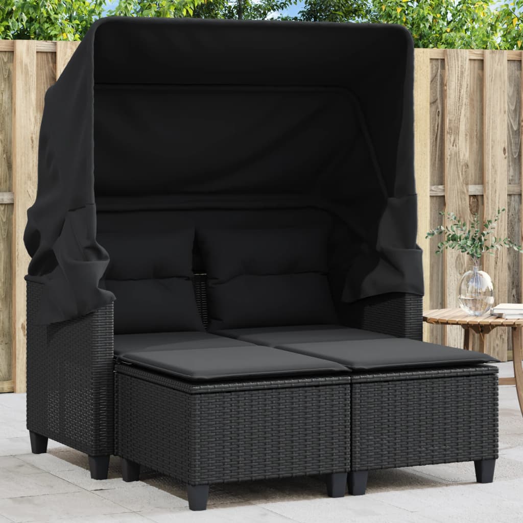 Gartensofa 2-Sitzer mit Dach und Hockern Schwarz Poly Rattan Gartensofa 2-Sitzer mit Dach und Hockern Schwarz Poly Rattan