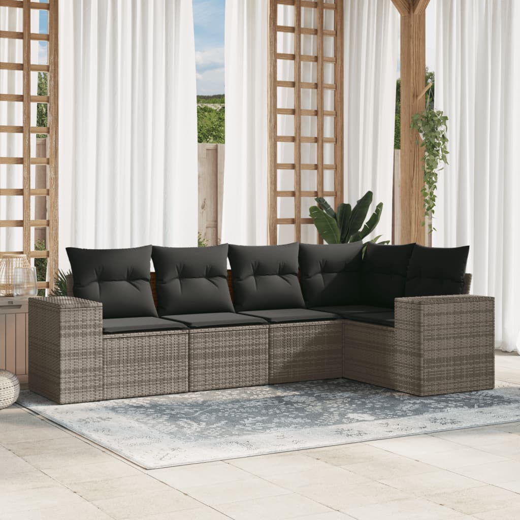 5-tlg. Garten-Sofagarnitur mit Kissen Grau Poly Rattan 5-tlg. Garten-Sofagarnitur mit Kissen Grau Poly Rattan