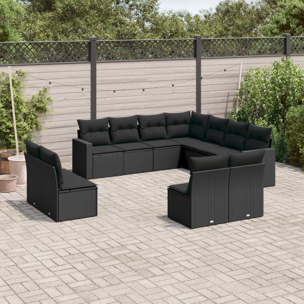 11-tlg. Garten-Sofagarnitur mit Kissen Schwarz Poly Rattan 11-tlg. Garten-Sofagarnitur mit Kissen Schwarz Poly Rattan