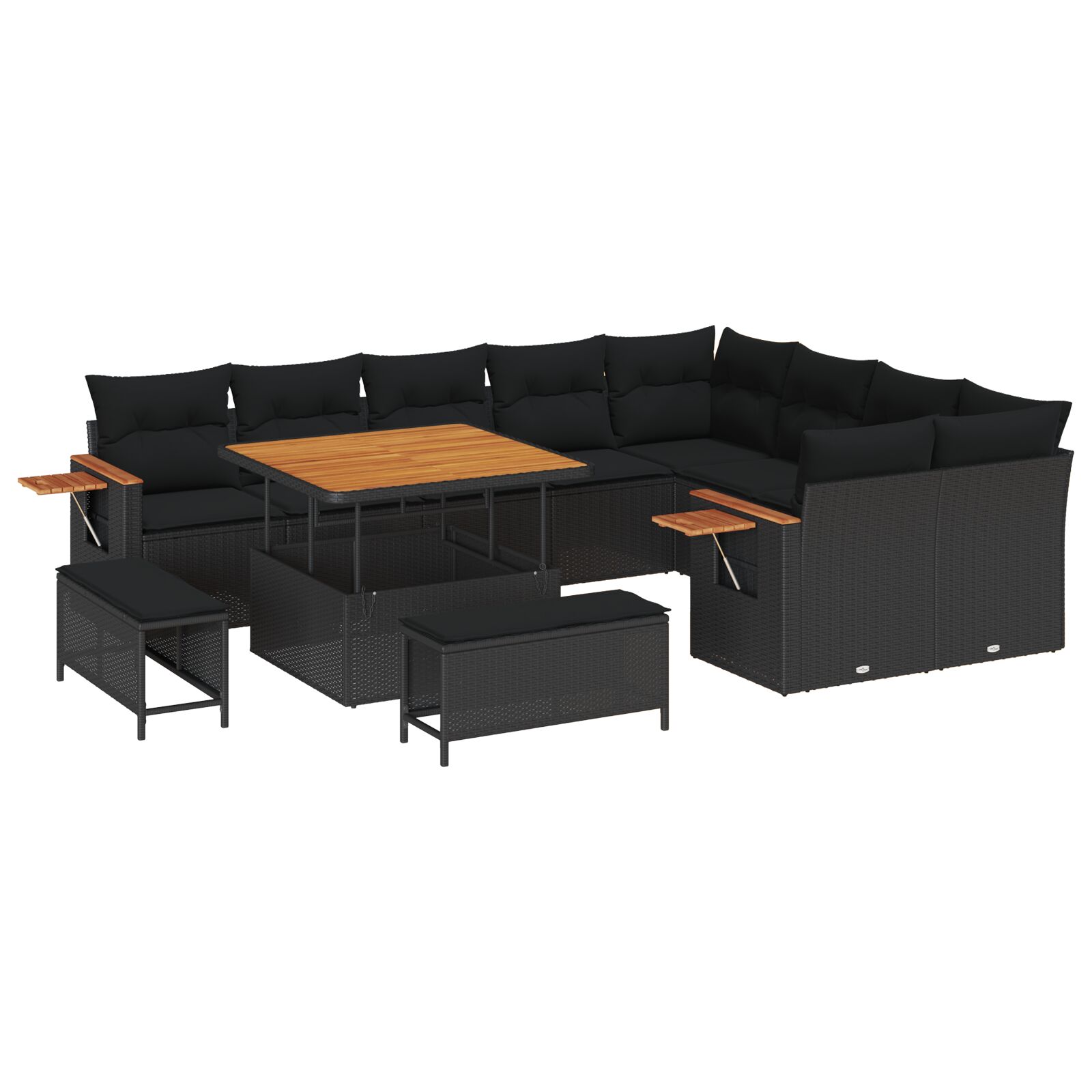 12-teiliges Garten-Sofa-Set mit Kissen, Schwarz, Poly-Rattan, Akazie, 3-teiliges Garten-Dining-Set mit Kissen, Schwarz, Poly-Rattan, Akazie