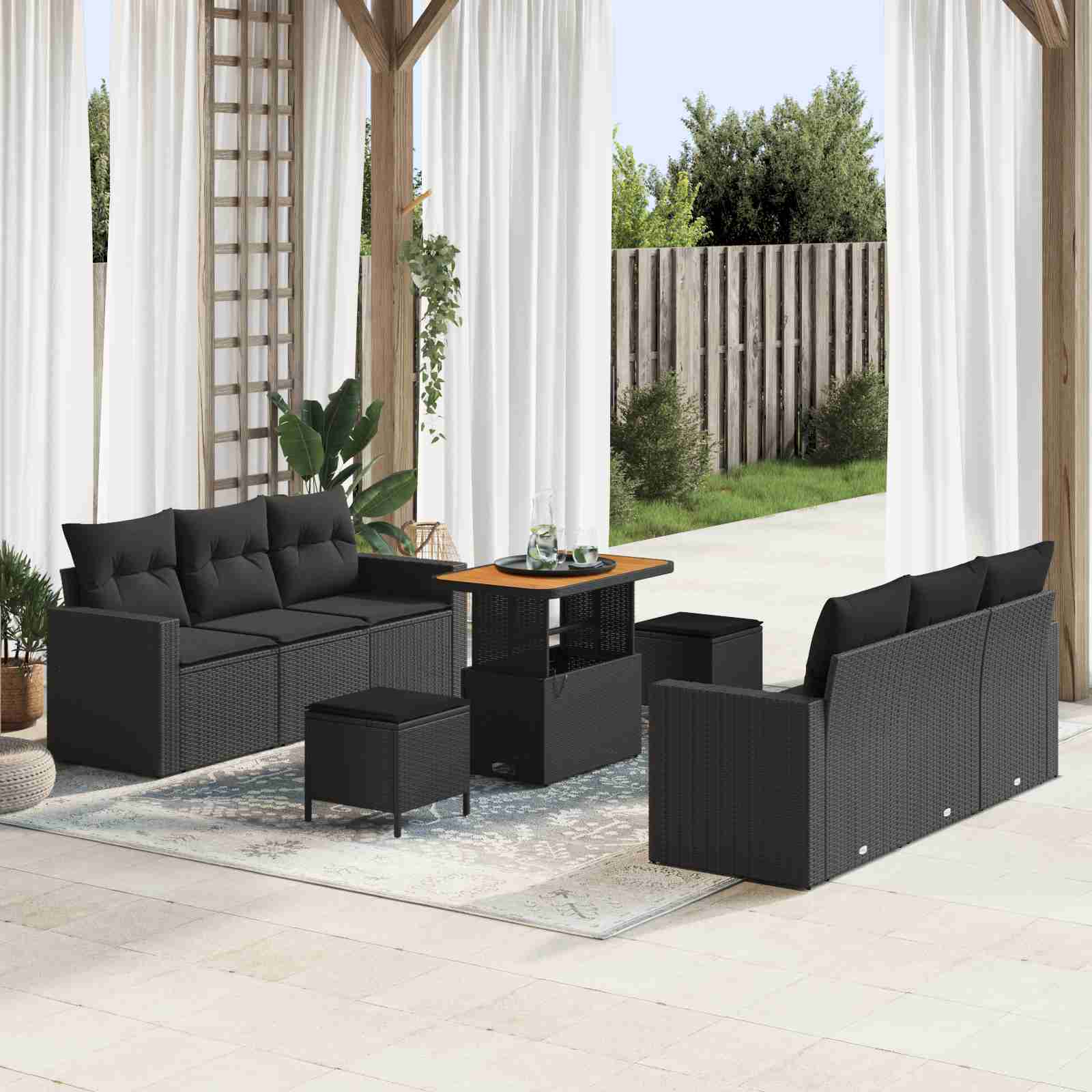 9-teiliges Garten Sofa Set mit Kissen Schwarz Poly Rattan Akazie 9-teiliges Garten Sofa Set mit Kissen Schwarz Poly Rattan Akazie