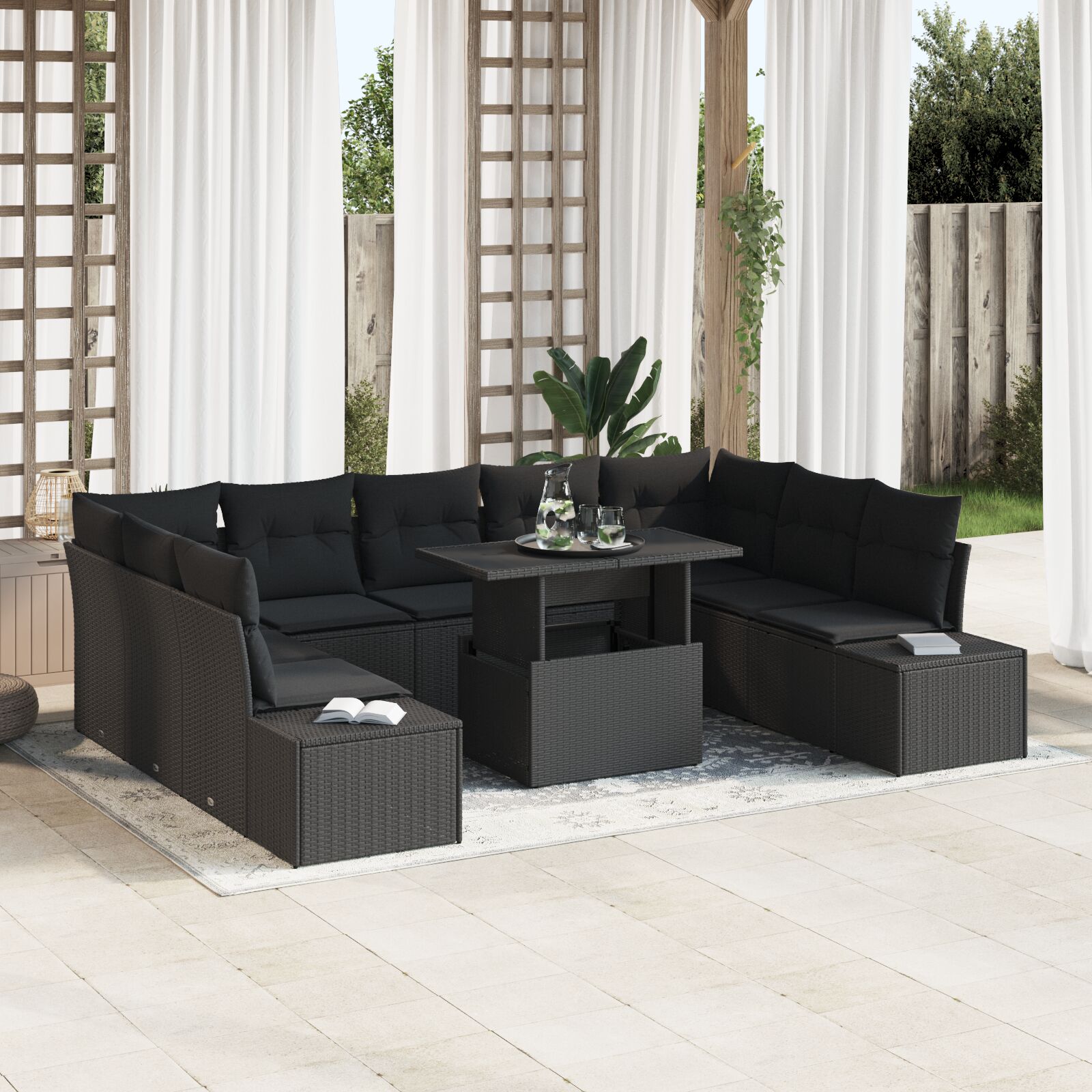 vidaXL Garten Sofa Set Set von 10 Schwarz Rattan, Polyester Kissen
