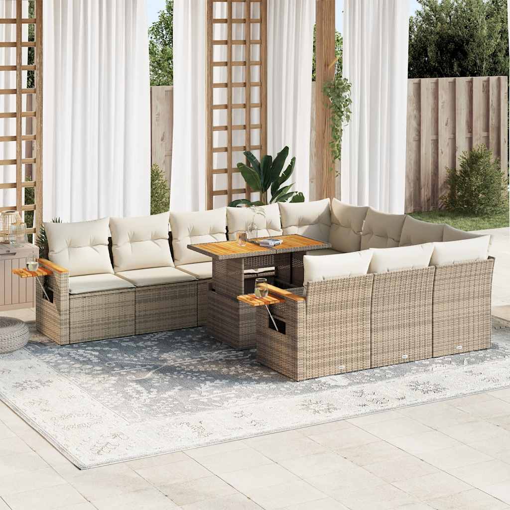 10-tlg. Garten-Sofagarnitur mit Kissen Beige Poly Rattan Akazie 10-tlg. Garten-Sofagarnitur mit Kissen Beige Poly Rattan Akazie