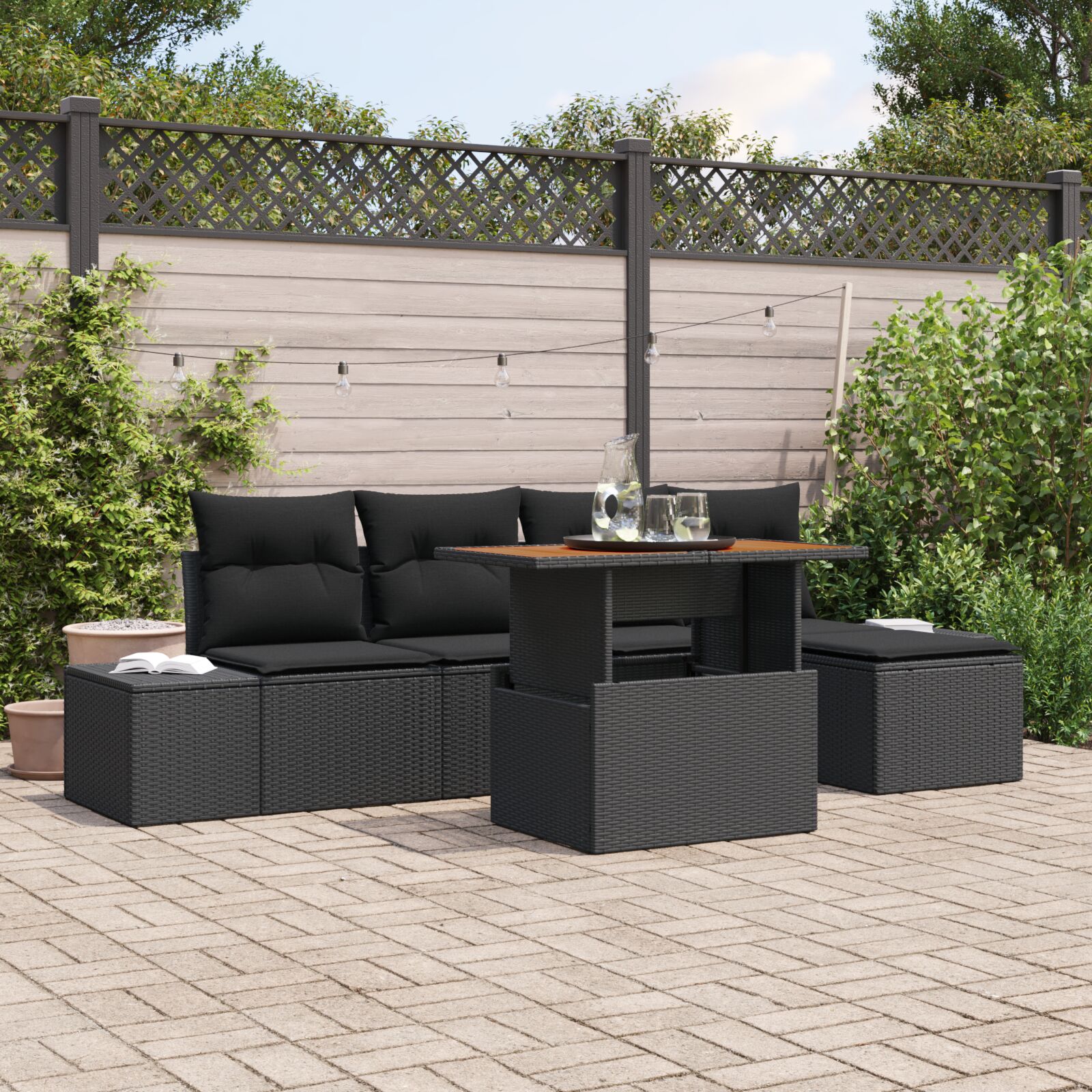 6-teiliges Garten Sofa Set mit Kissen Schwarz Poly Rattan 6-teiliges Garten Sofa Set mit Kissen Schwarz Poly Rattan