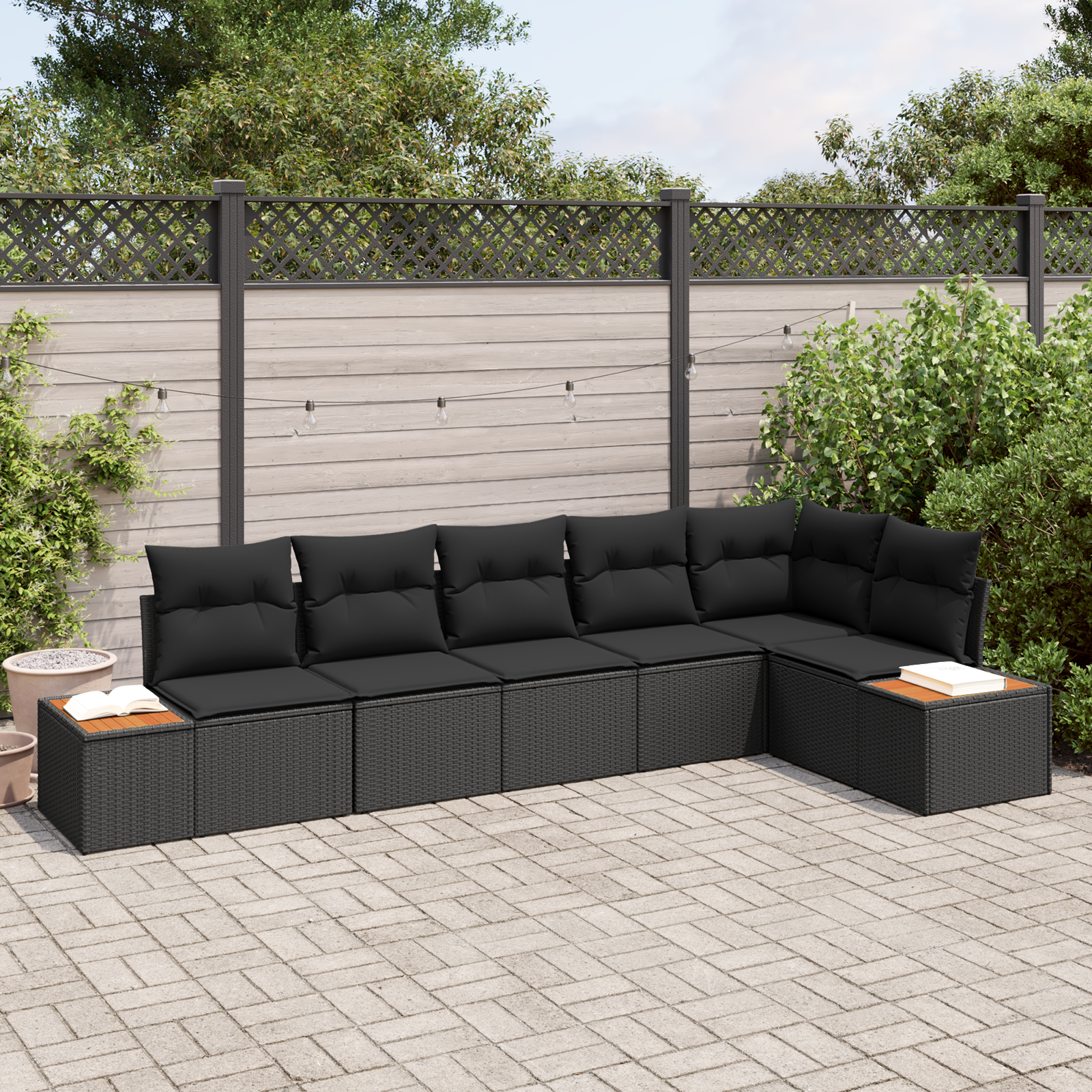 6-teiliges Garten Sofa Set mit Kissen Schwarz Poly Rattan Akazie 6-teiliges Garten Sofa Set mit Kissen Schwarz Poly Rattan Akazie