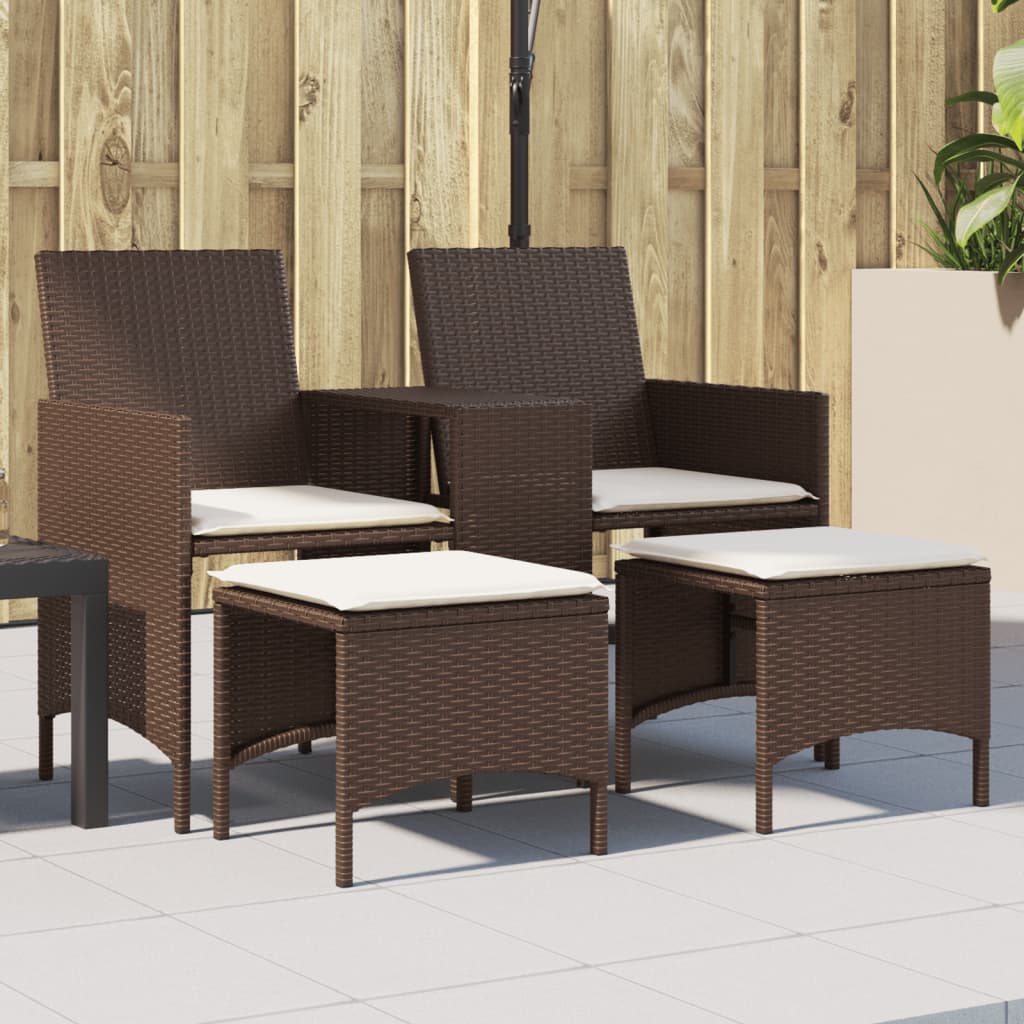 Gartensofa 2-Sitzer mit Tisch und Hockern Braun Poly Rattan Gartensofa 2-Sitzer mit Tisch und Hockern Braun Poly Rattan