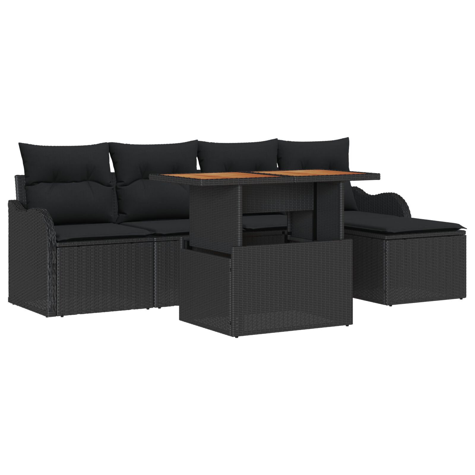 6-teiliges Garten Sofa Set mit Kissen aus schwarzem Poly Rattan, 2-Sitzer Garten Sofa mit Stauraum und Kissen aus schwarzem Poly Rattan 6-teiliges Garten Sofa Set mit Kissen aus schwarzem Poly Rattan, 2-Sitzer Garten Sofa mit Stauraum und Kissen aus schwarzem Poly Rattan