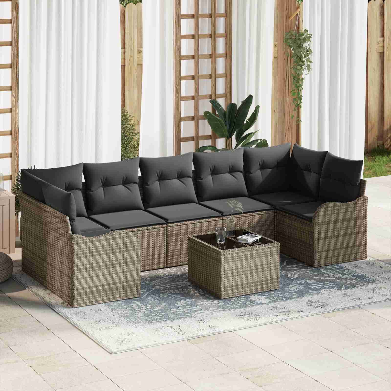 8-teiliges Garten Sofa Set mit Kissen Grau Poly Rattan