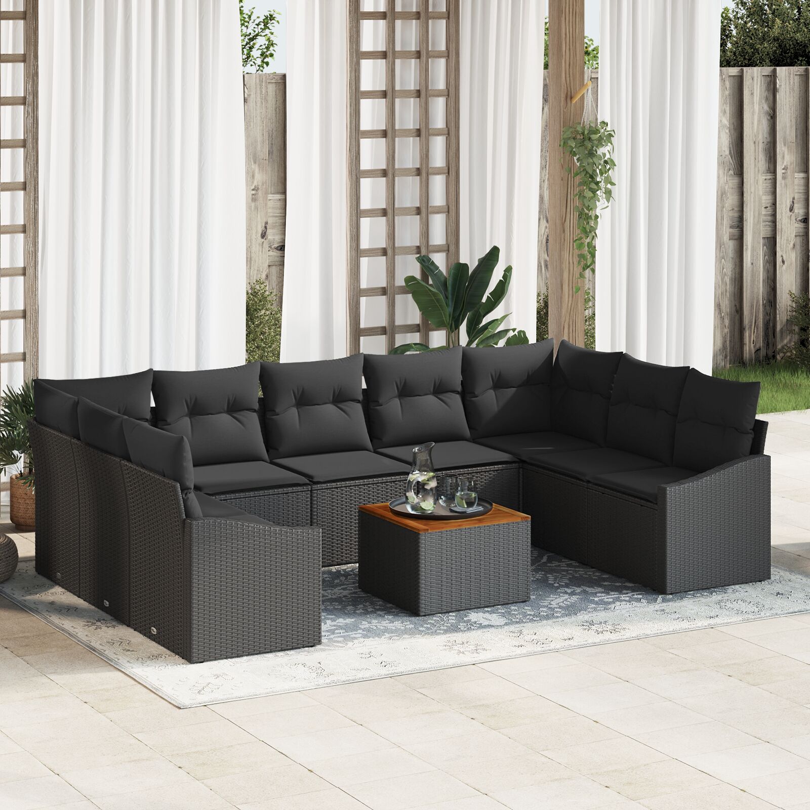 10-teiliges Garten-Sofa-Set mit Kissen Schwarz Poly Rattan Akazie