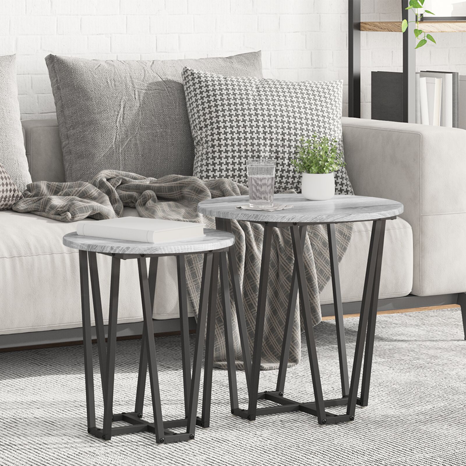 vidaXL Beistelltisch 2er Set Grau Sonoma aus Holzwerkstoff und Metall