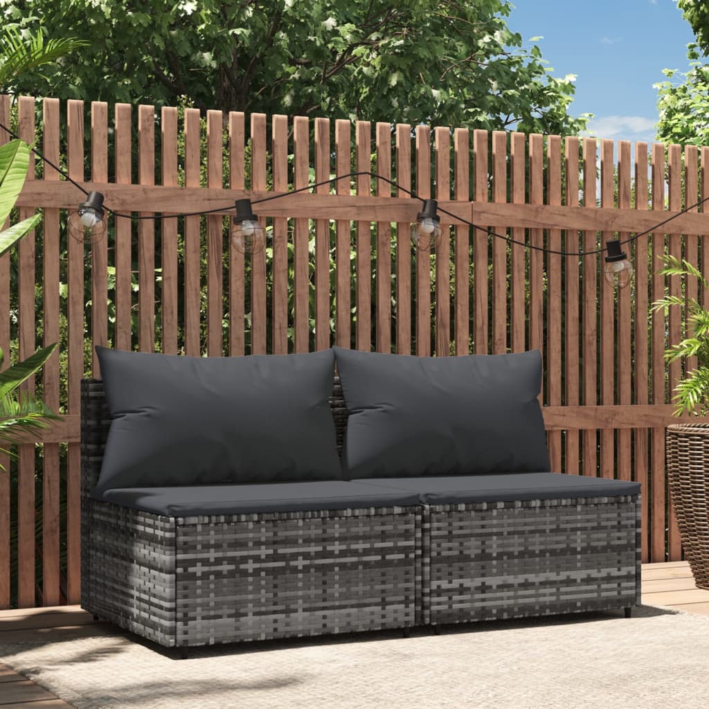 Garten-Mittelsofas mit Kissen 2 Stk. Grau Poly Rattan Garten-Mittelsofas mit Kissen 2 Stk. Grau Poly Rattan