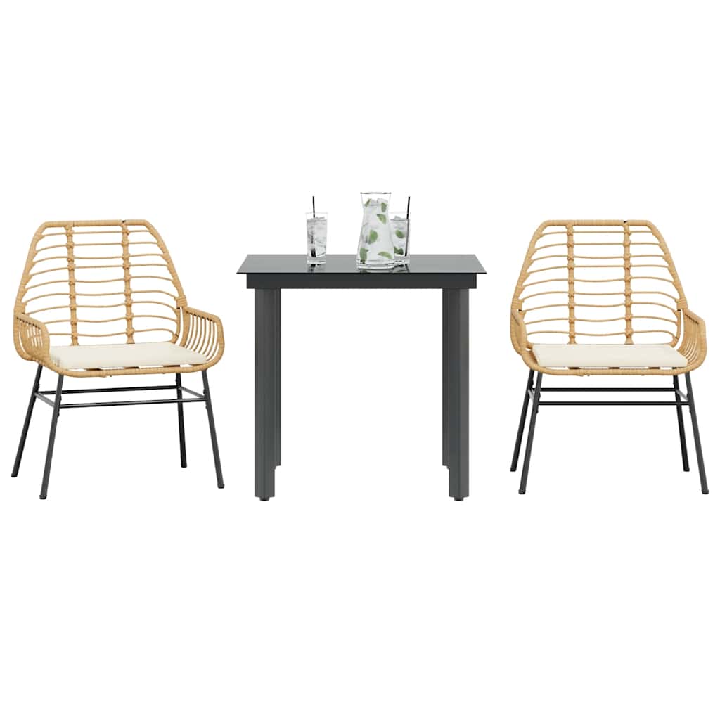vidaXL 3-tlg. Garten-Essgruppe mit Kissen Braun Poly Rattan Glas