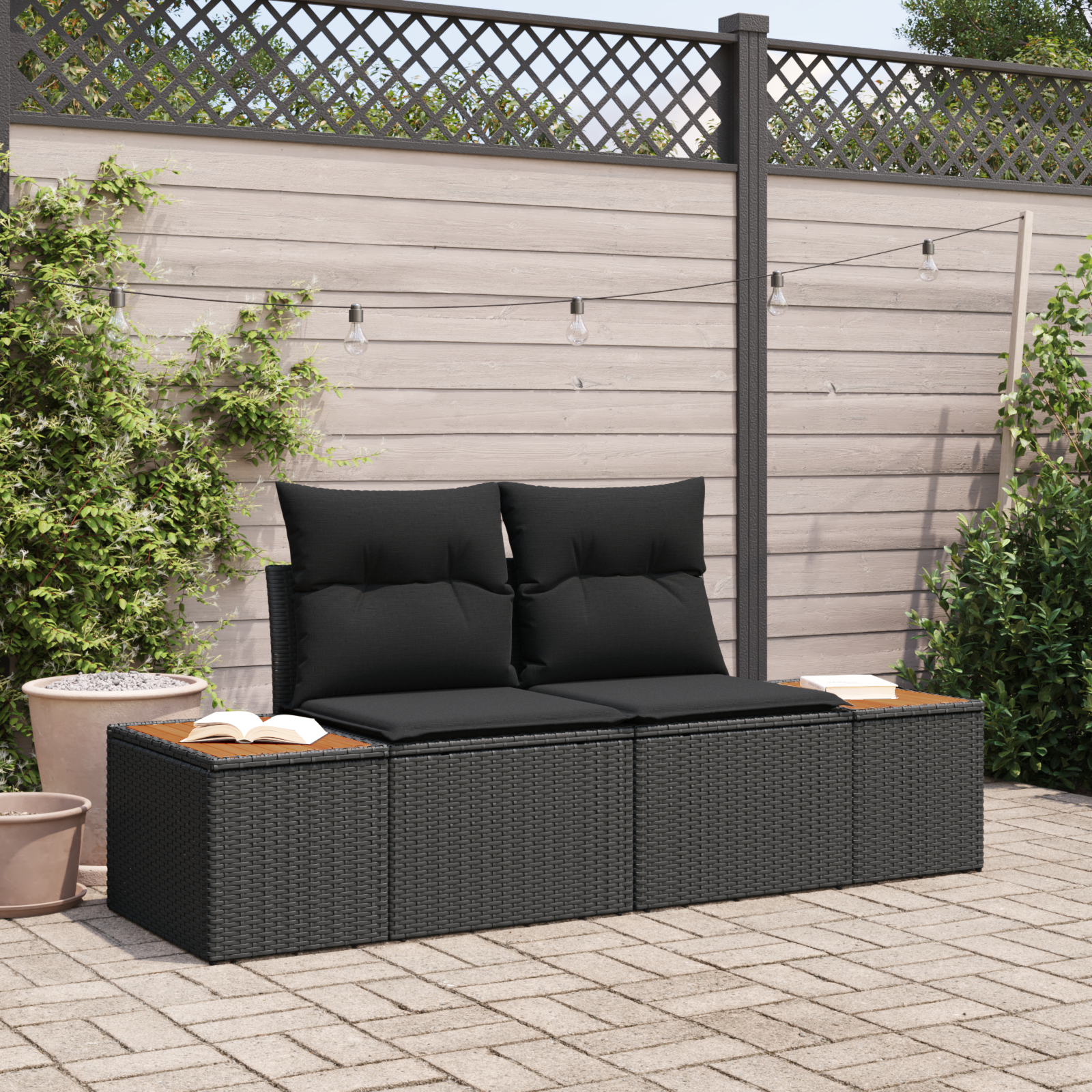 Gartensofa 2-Sitzer mit Stauraum und Kissen Schwarz Poly Rattan Gartensofa 2-Sitzer mit Stauraum und Kissen Schwarz Poly Rattan