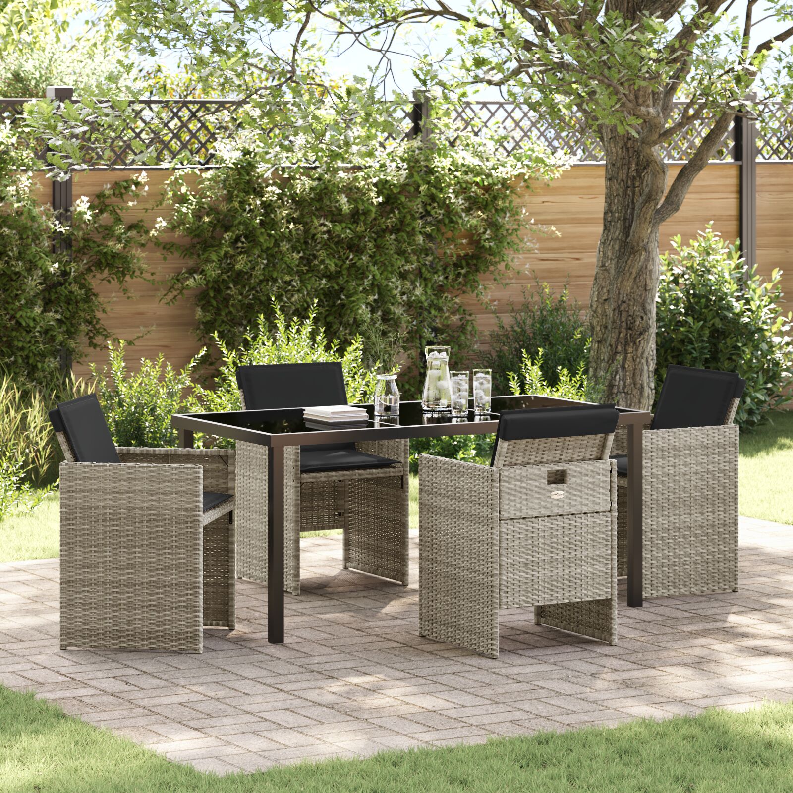 5-teiliges Garten Essset mit Kissen Hellgraues Poly Rattan