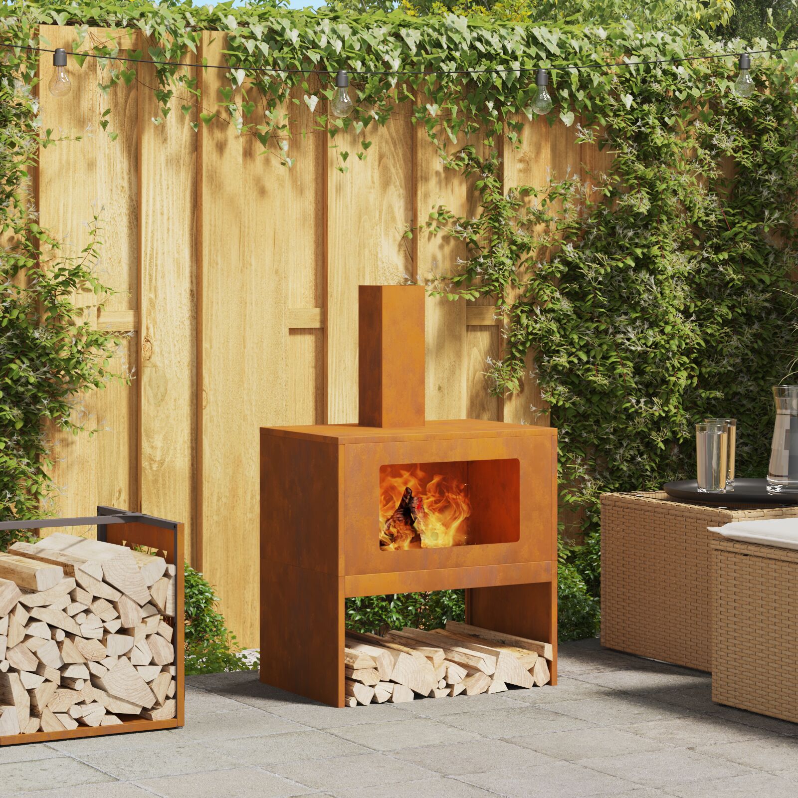 vidaXL Feuerstelle mit Schornstein 60x40x96 cm Wetterstahl