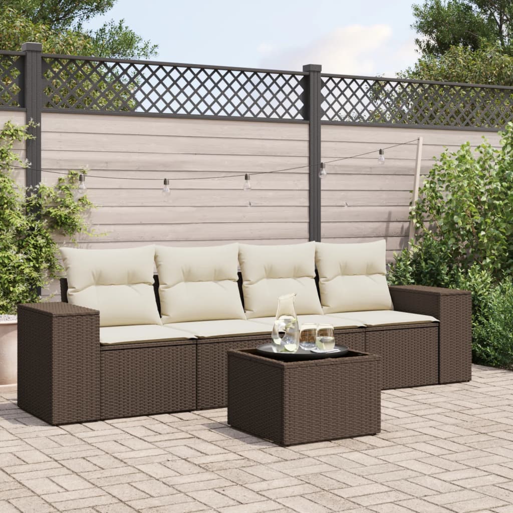 5-tlg. Garten-Sofagarnitur mit Kissen Braun Poly Rattan 5-tlg. Garten-Sofagarnitur mit Kissen Braun Poly Rattan
