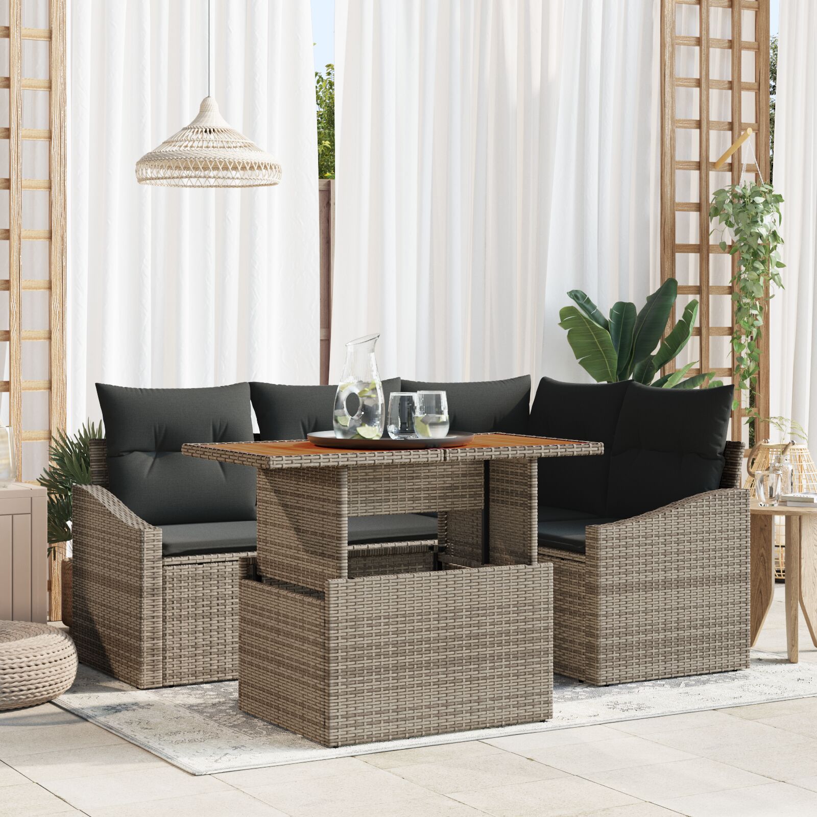 5-teiliges Garten Essset mit Kissen Grau Poly-Rattan Akazie 5-teiliges Garten Essset mit Kissen Grau Poly-Rattan Akazie