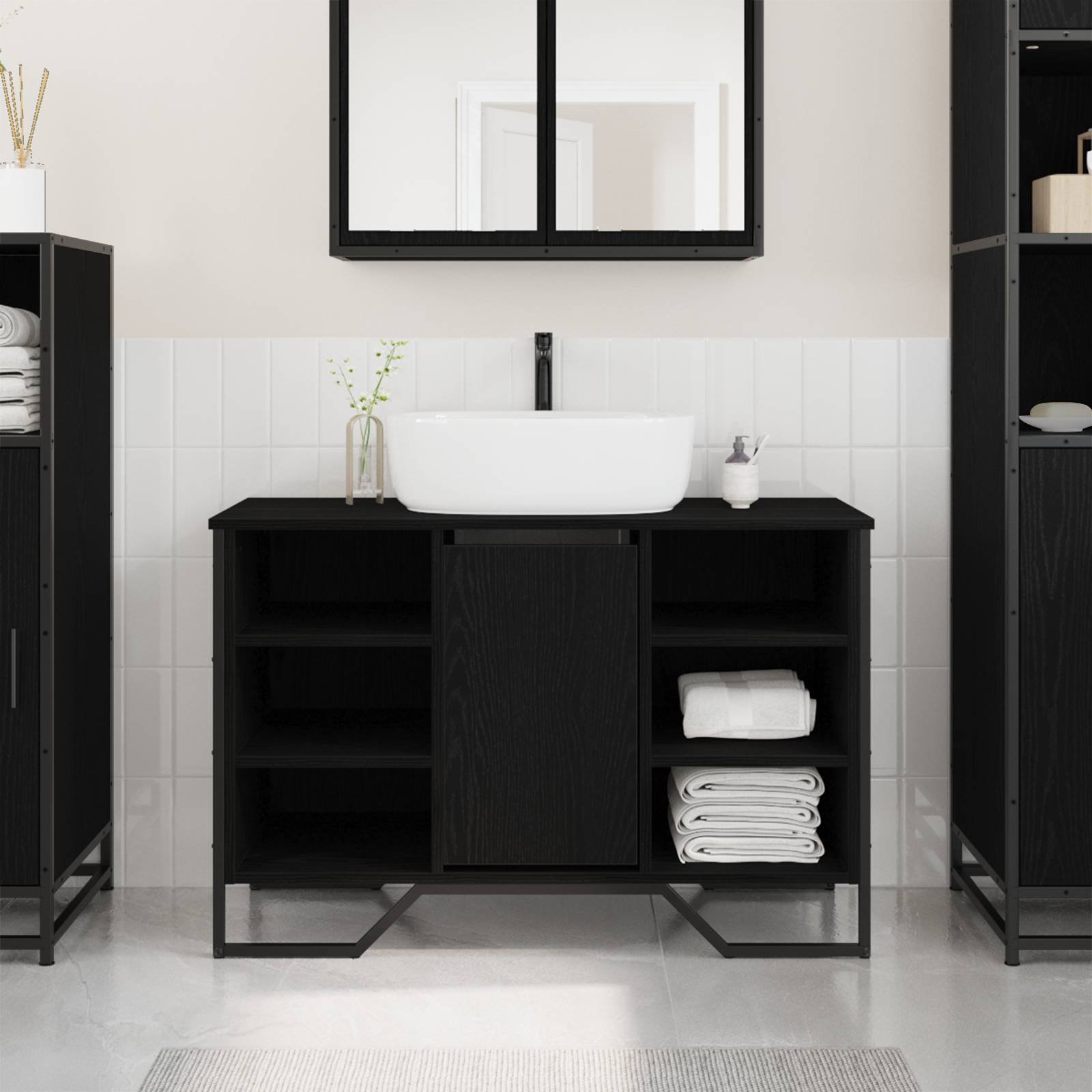 Waschbecken Schrank Schwarz Eiche 91x35x60 cm Holzwerkstoff